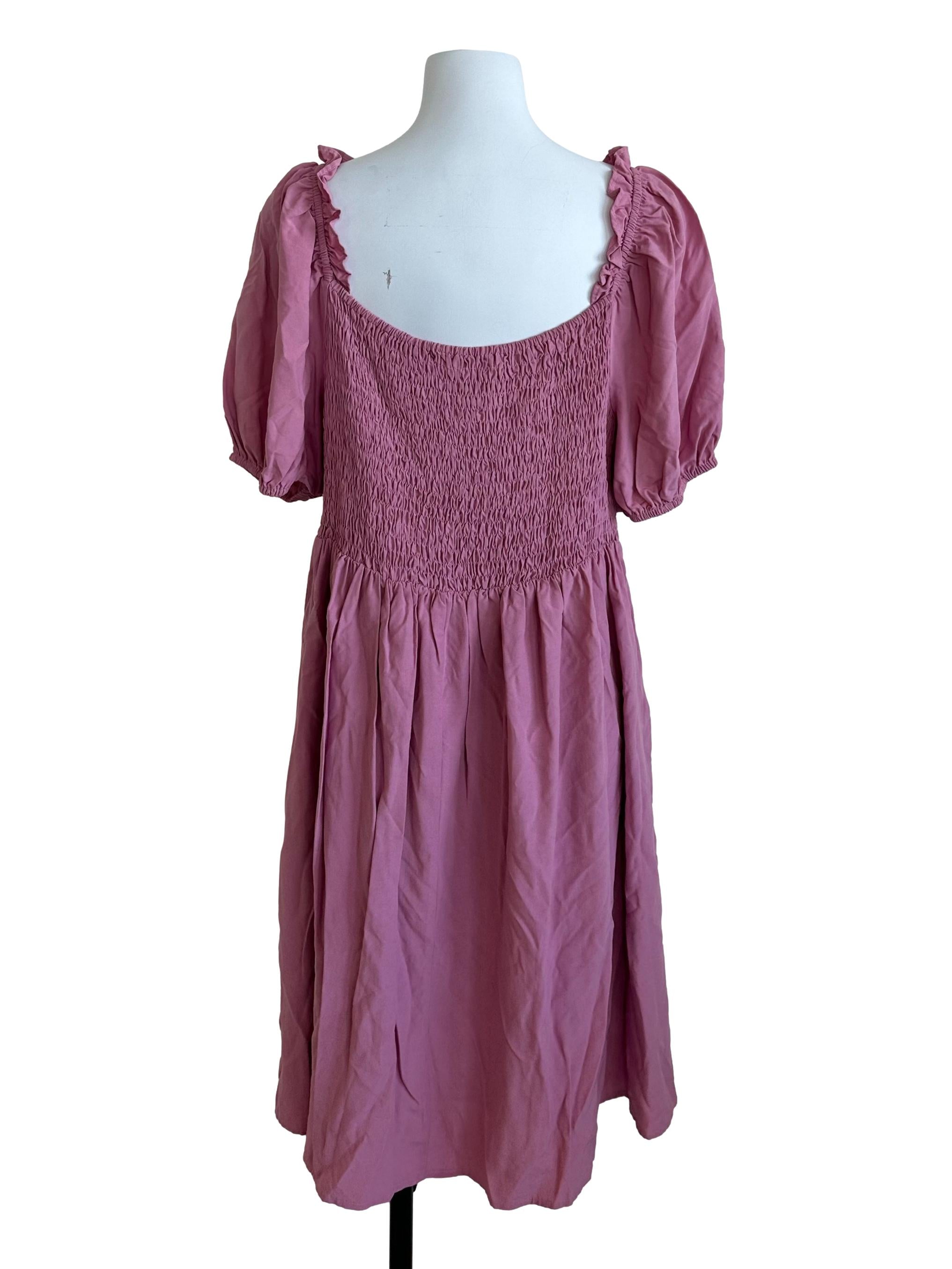Punch Pink Ruched Scoop Neck Puff Sleeve Dress