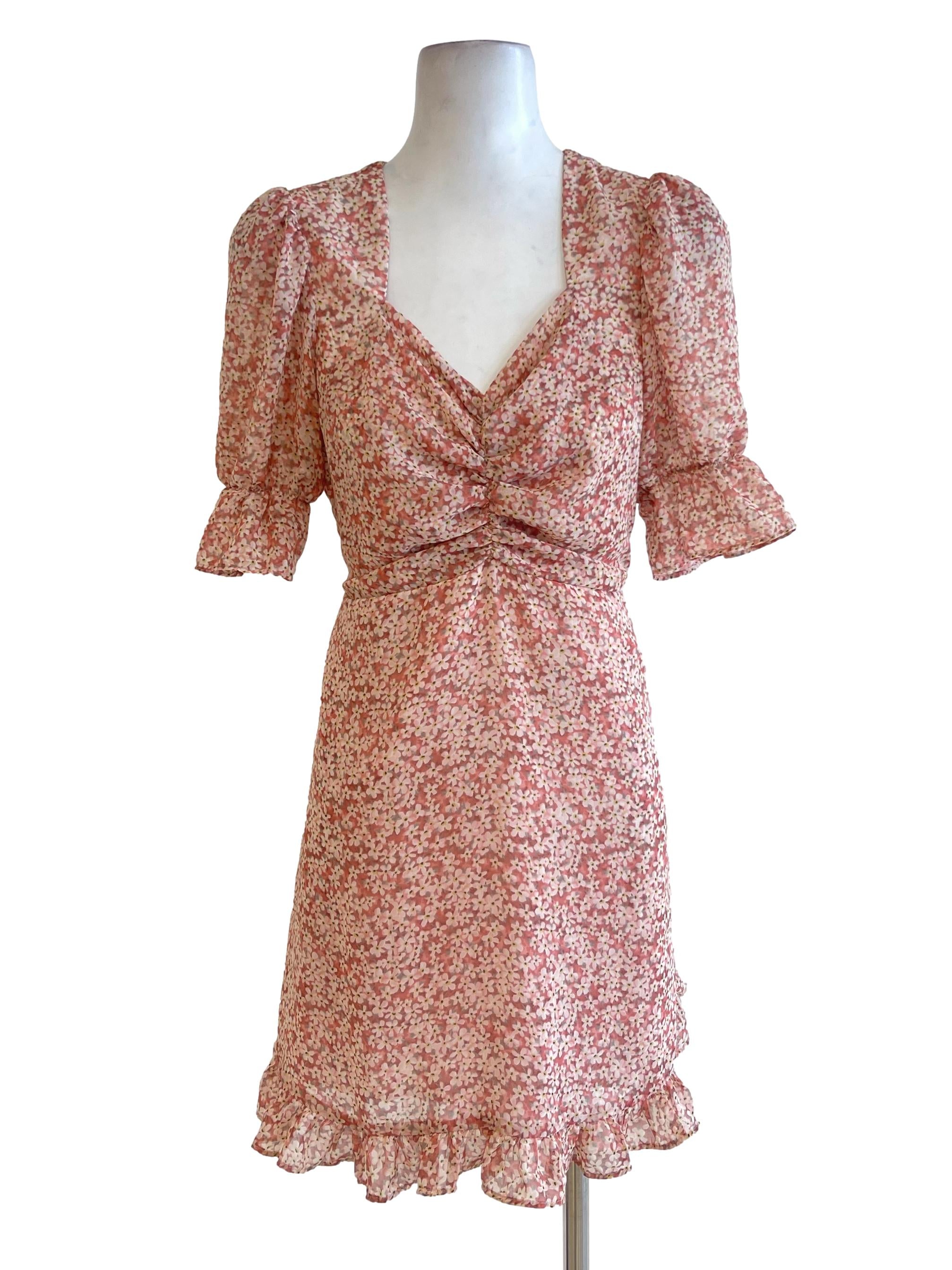 Pink Blush Floral Poet Sleeve Ruffle Hem Dress