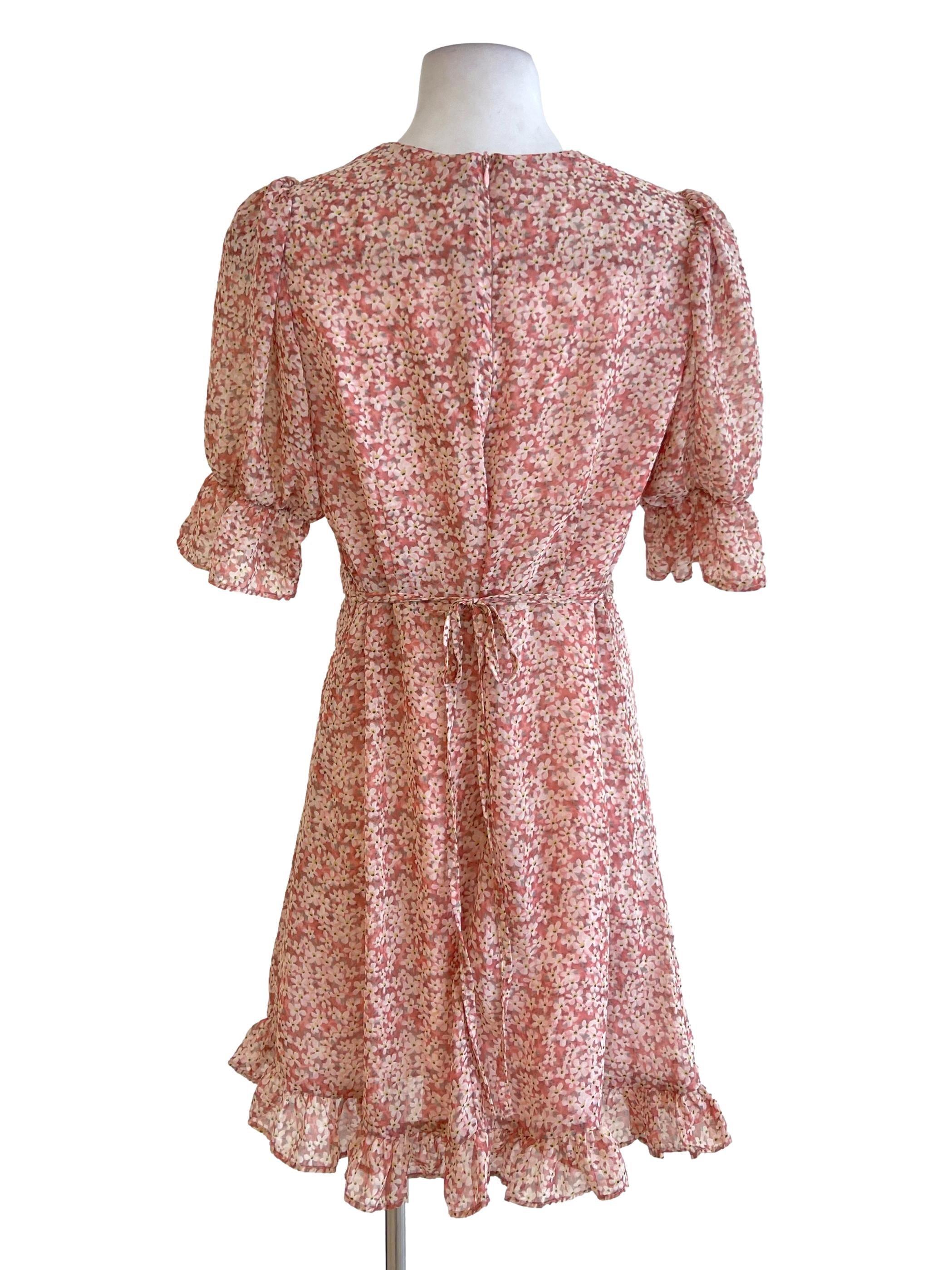 Pink Blush Floral Poet Sleeve Ruffle Hem Dress