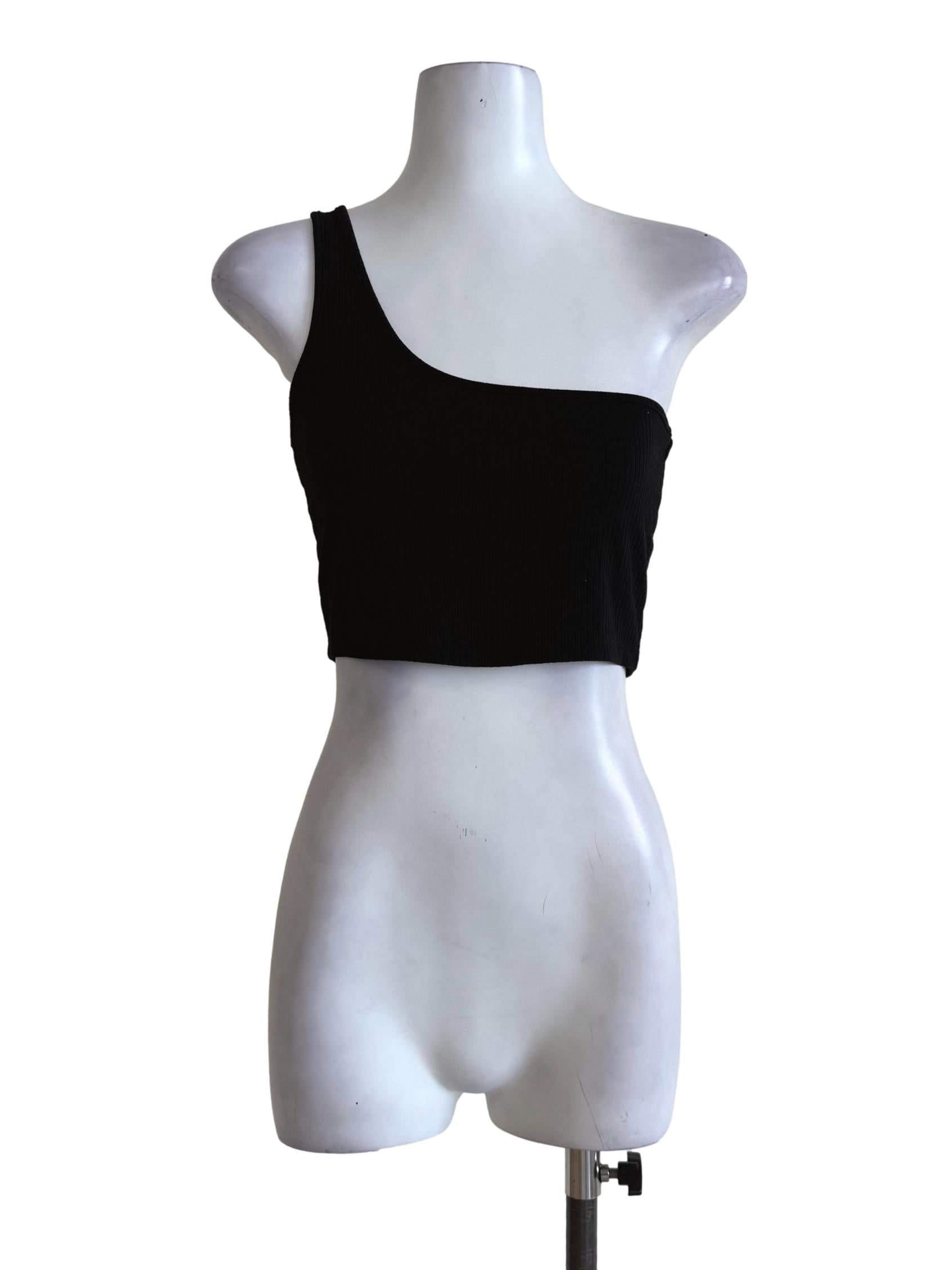 Textured Ebony Black One Shoulder Crop Top