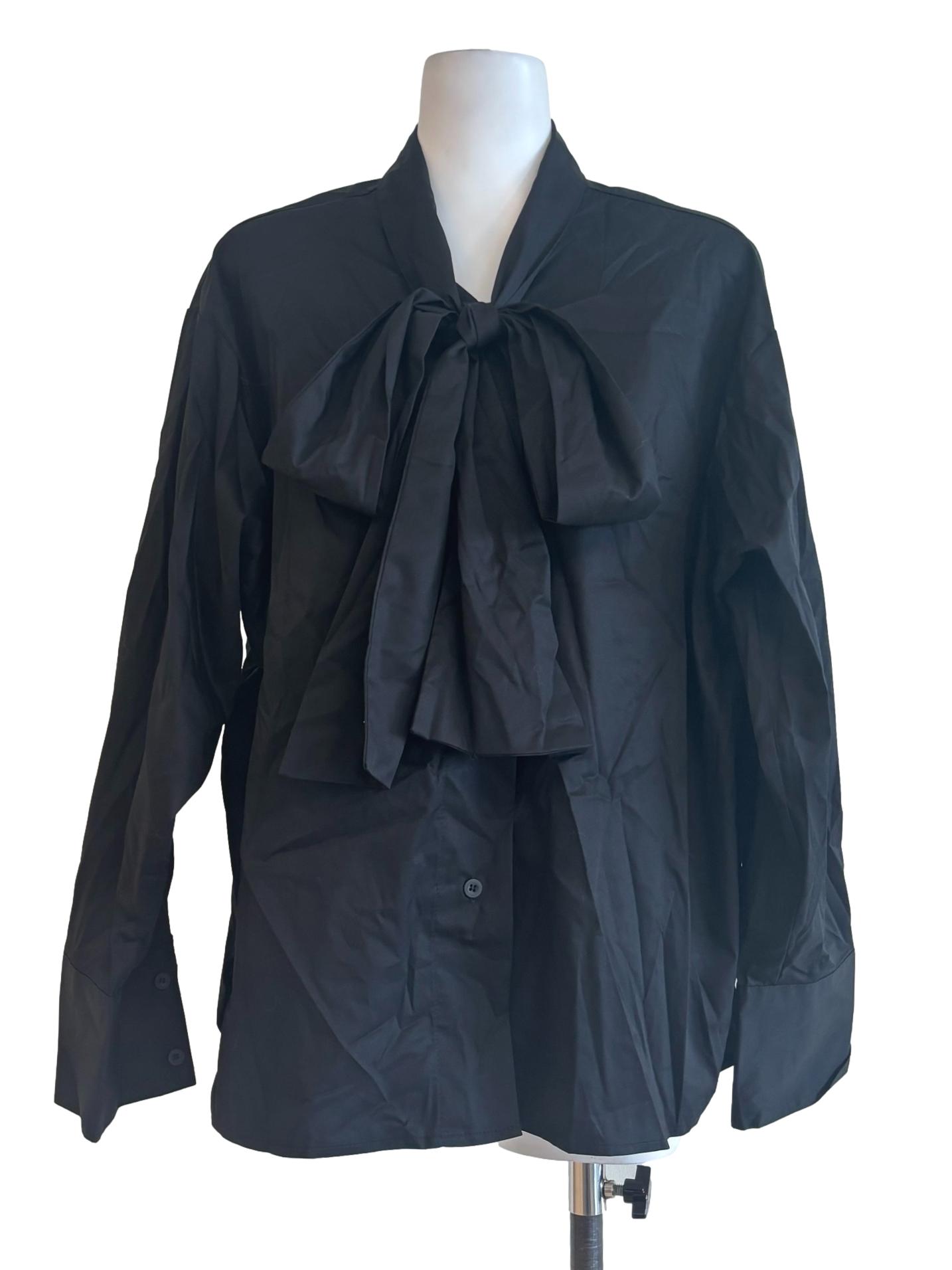 Soft Black Front Tie Longsleeve Blouse