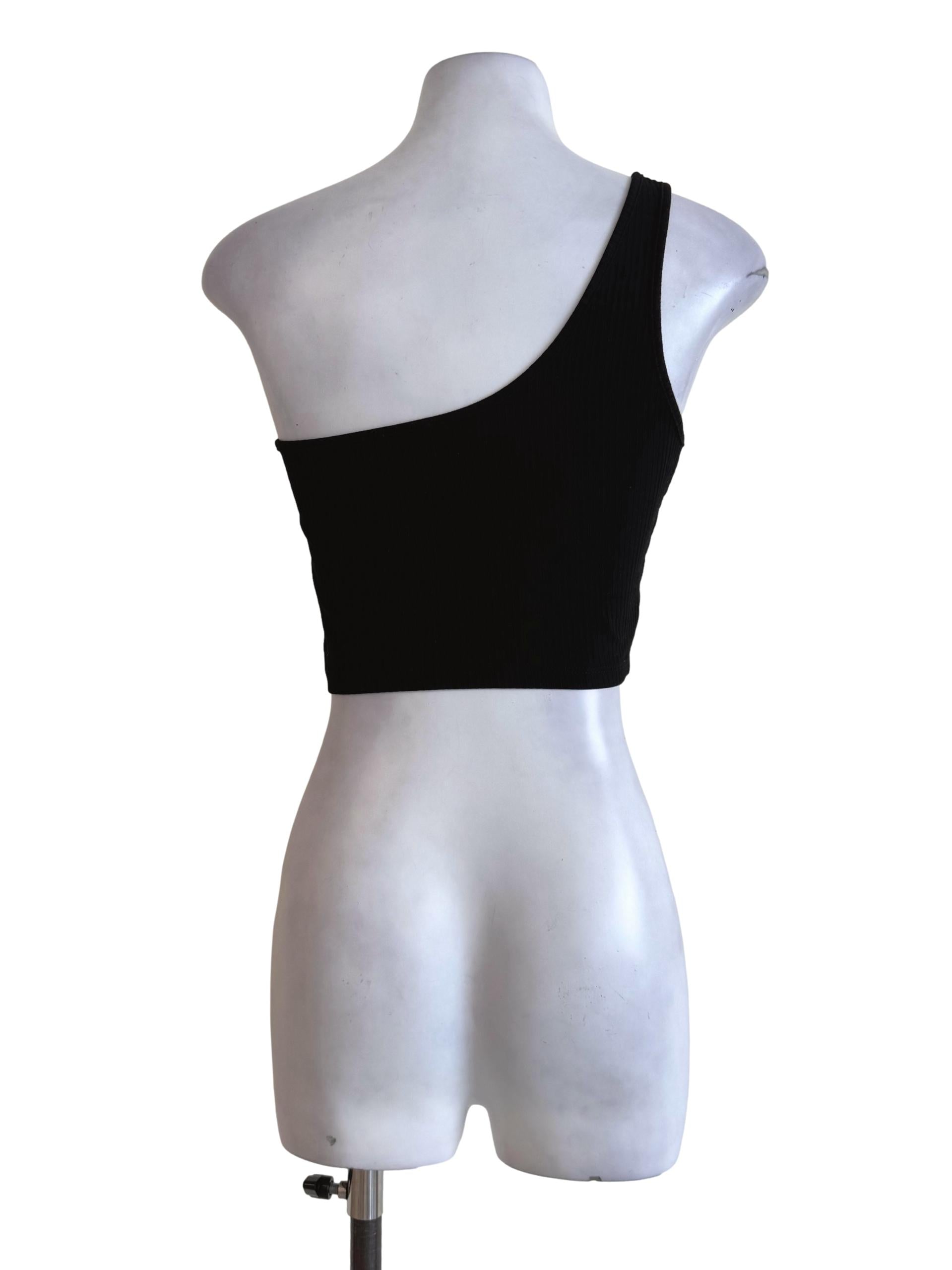 Textured Ebony Black One Shoulder Crop Top