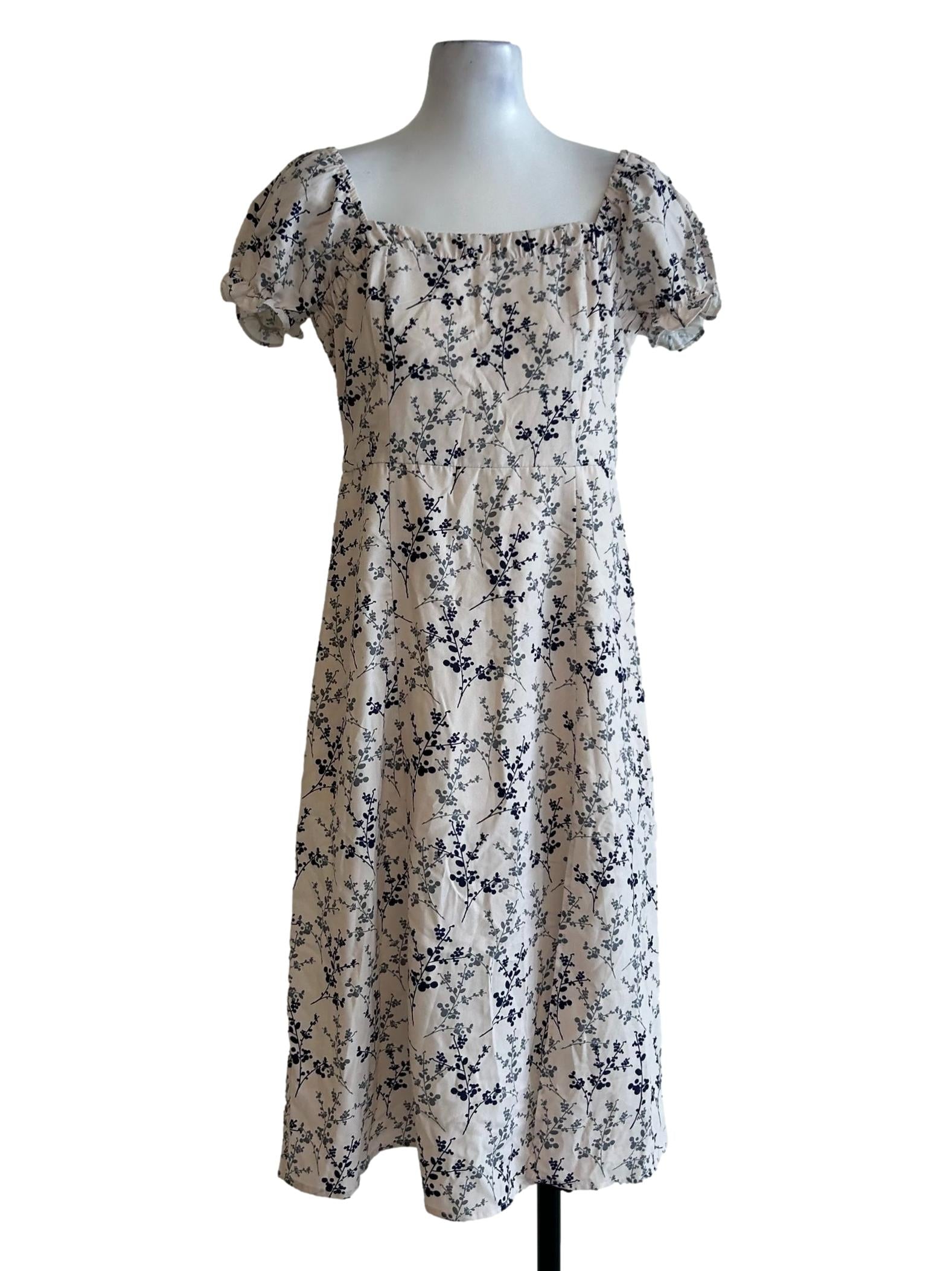 White Floral Printed Square Neck Dress