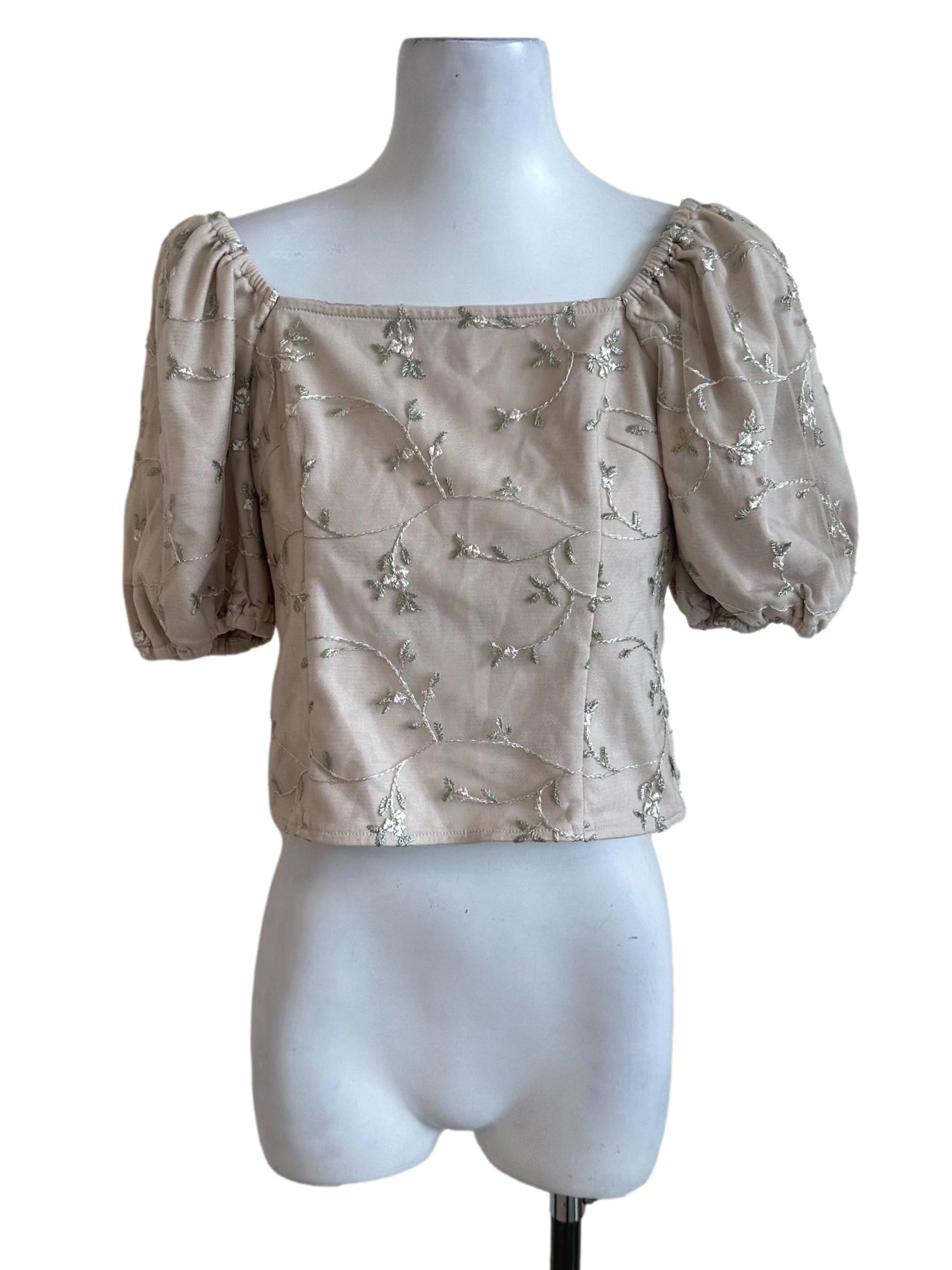 Sand Beige Lace Puff Sleeve Top