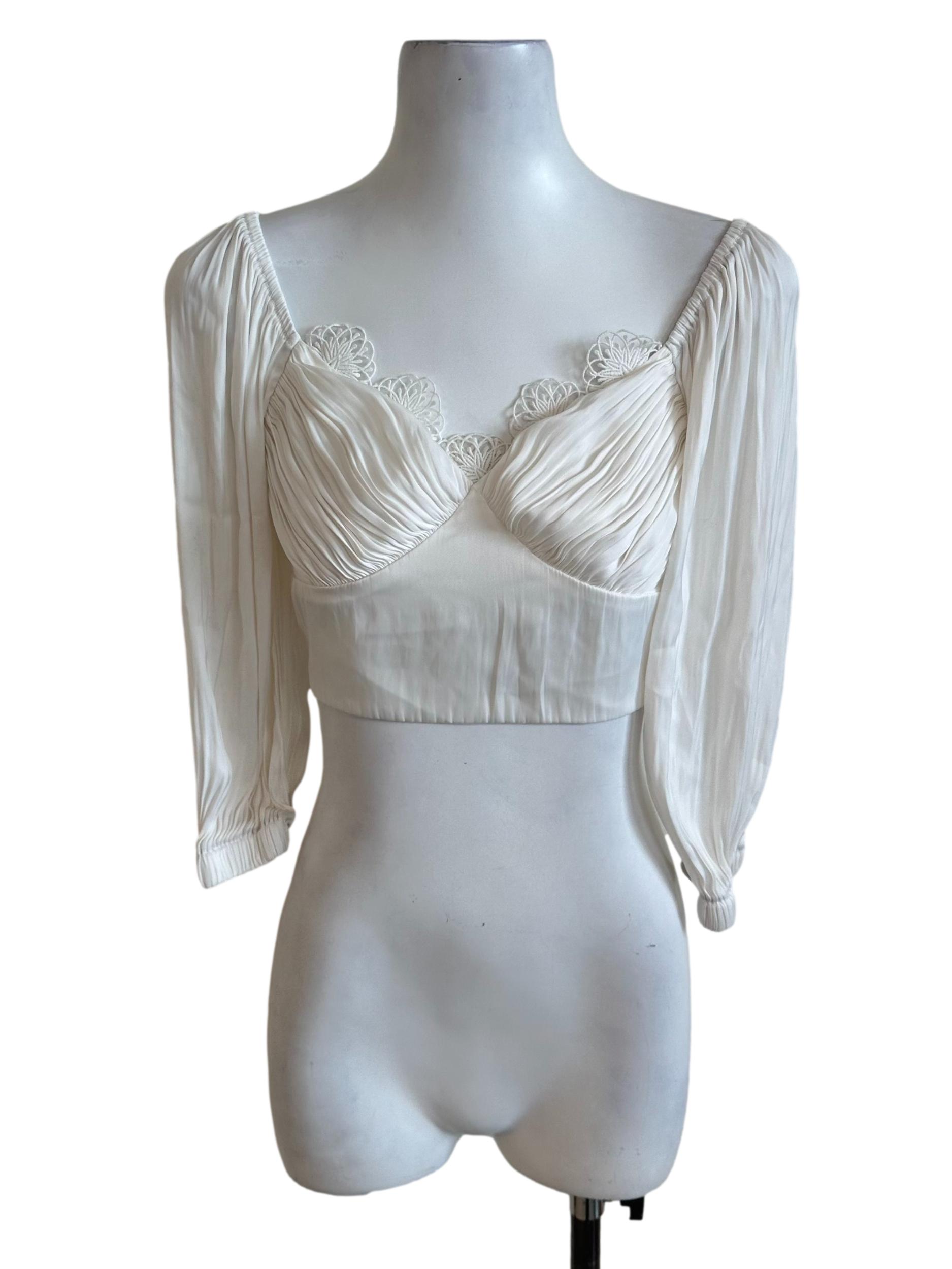 Pearl White Pleated Lace Satin Top