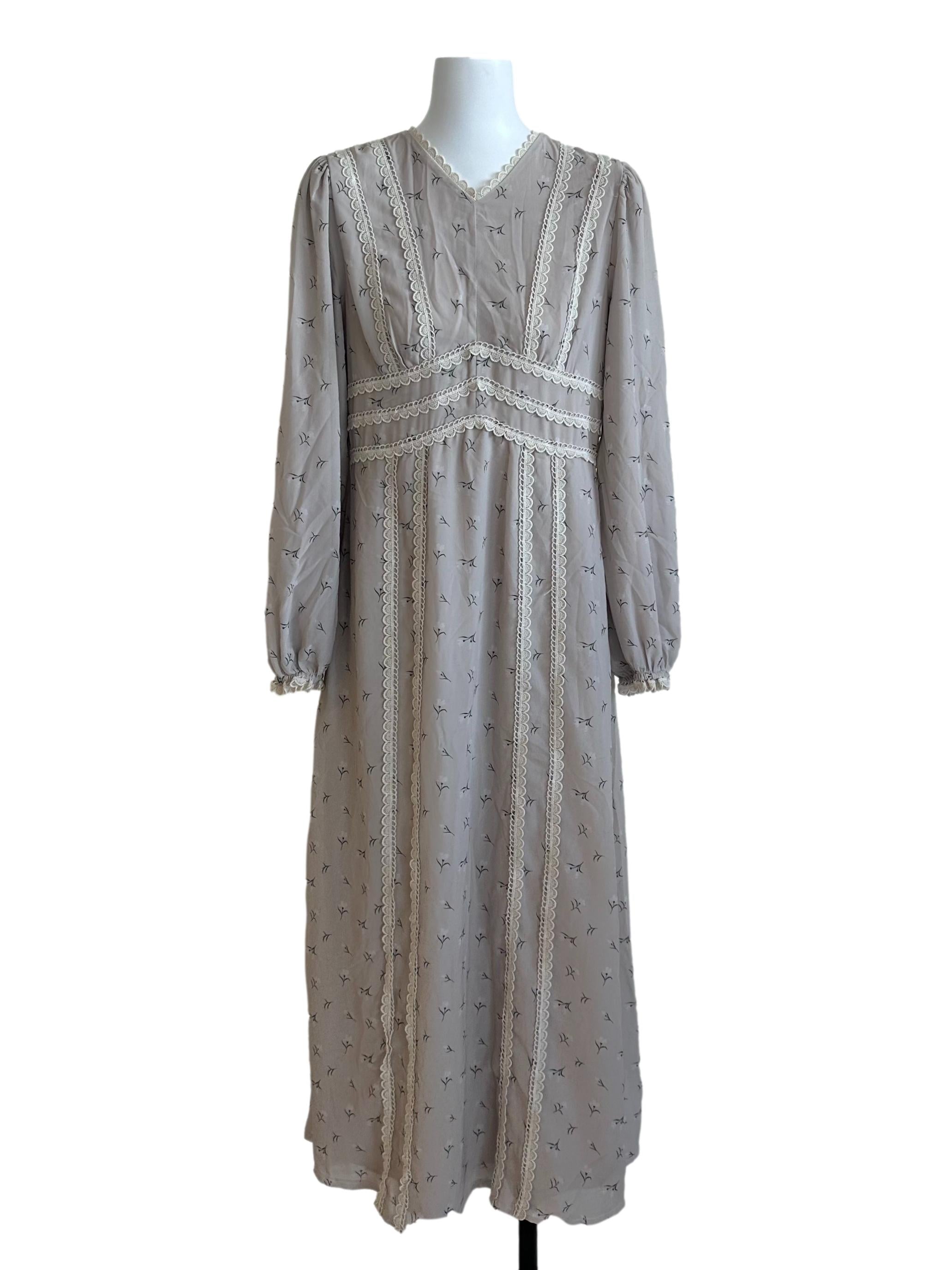 Hazel Beige Pattern Lace V Neck Dress