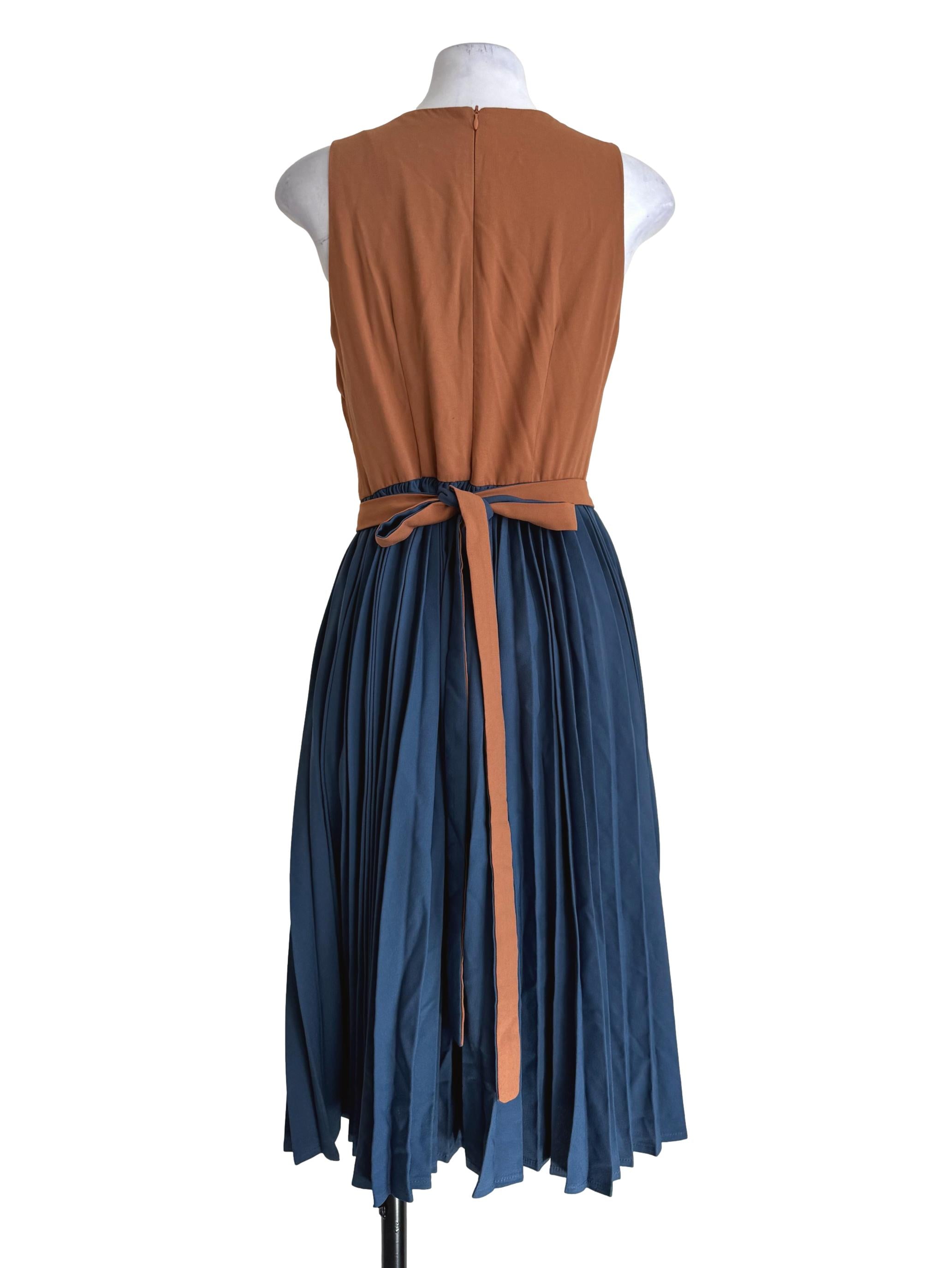 Caramel And Steel Blue Pleated Dress