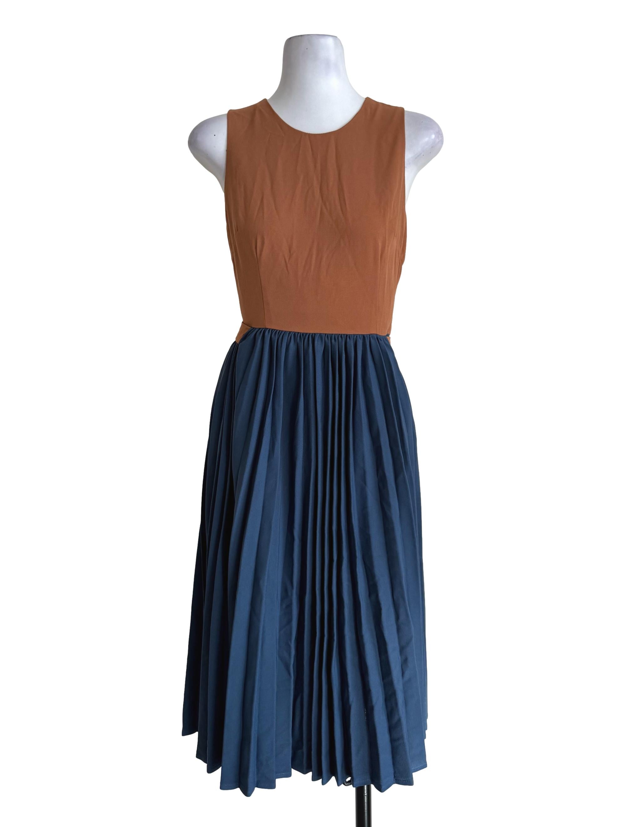 Caramel And Steel Blue Pleated Dress