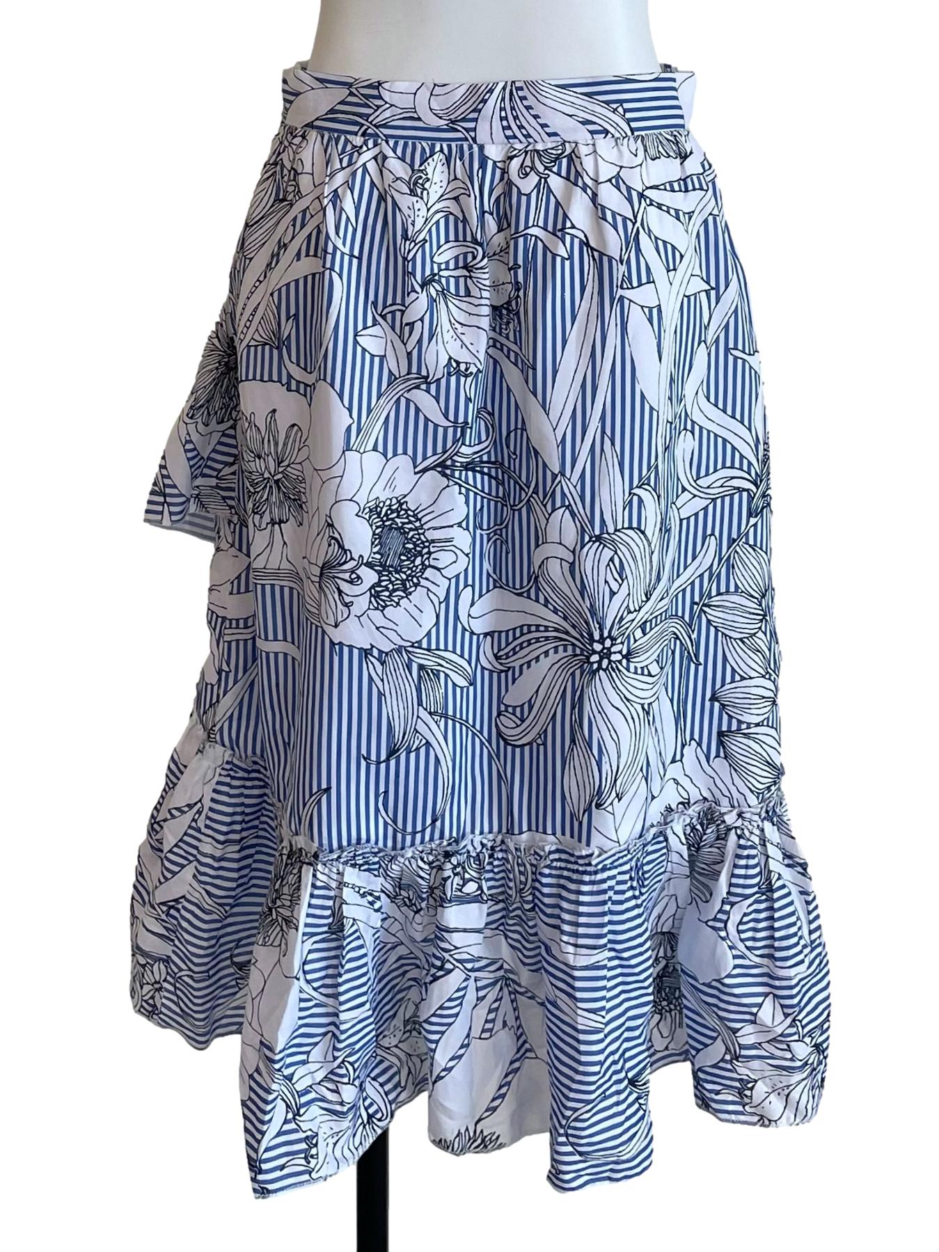 White & Blue Bengal Stripe Ruffle Skirt