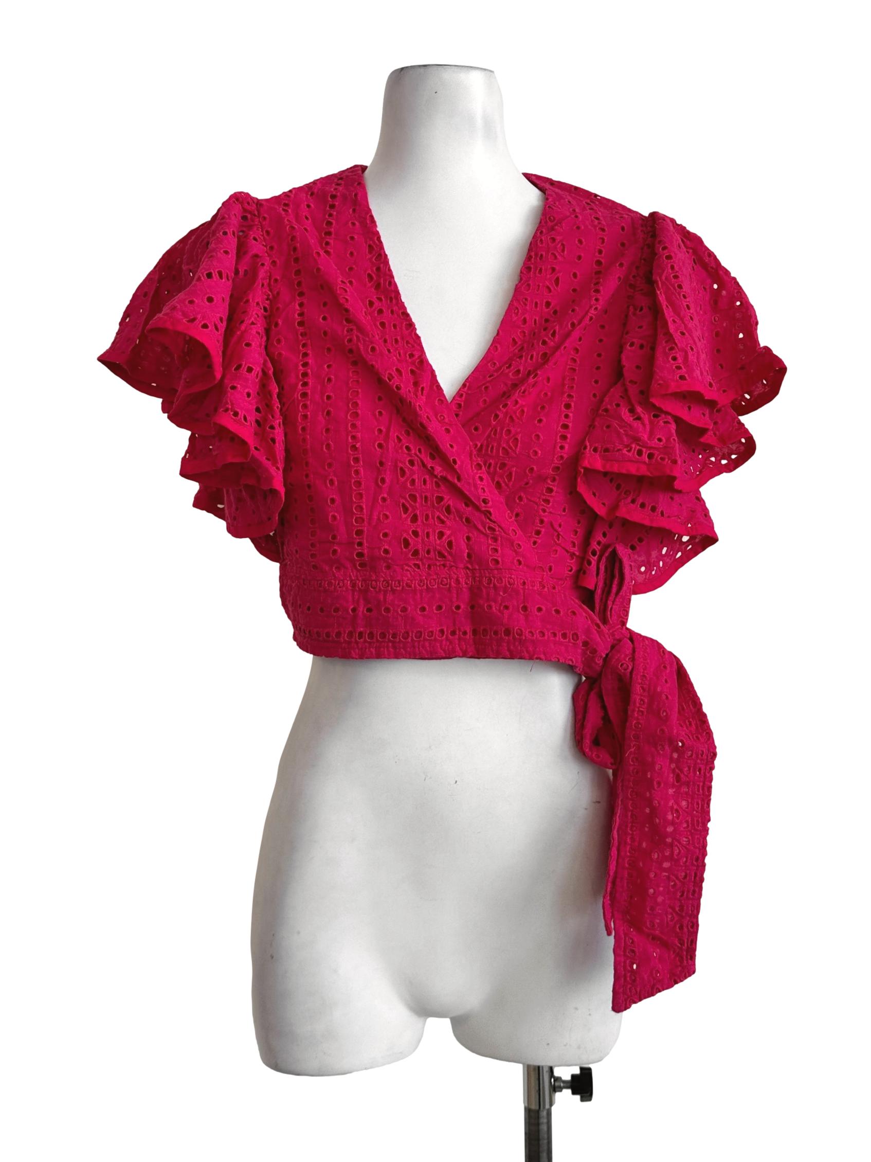 Hot Pink Embroidery Wrap Crop Top