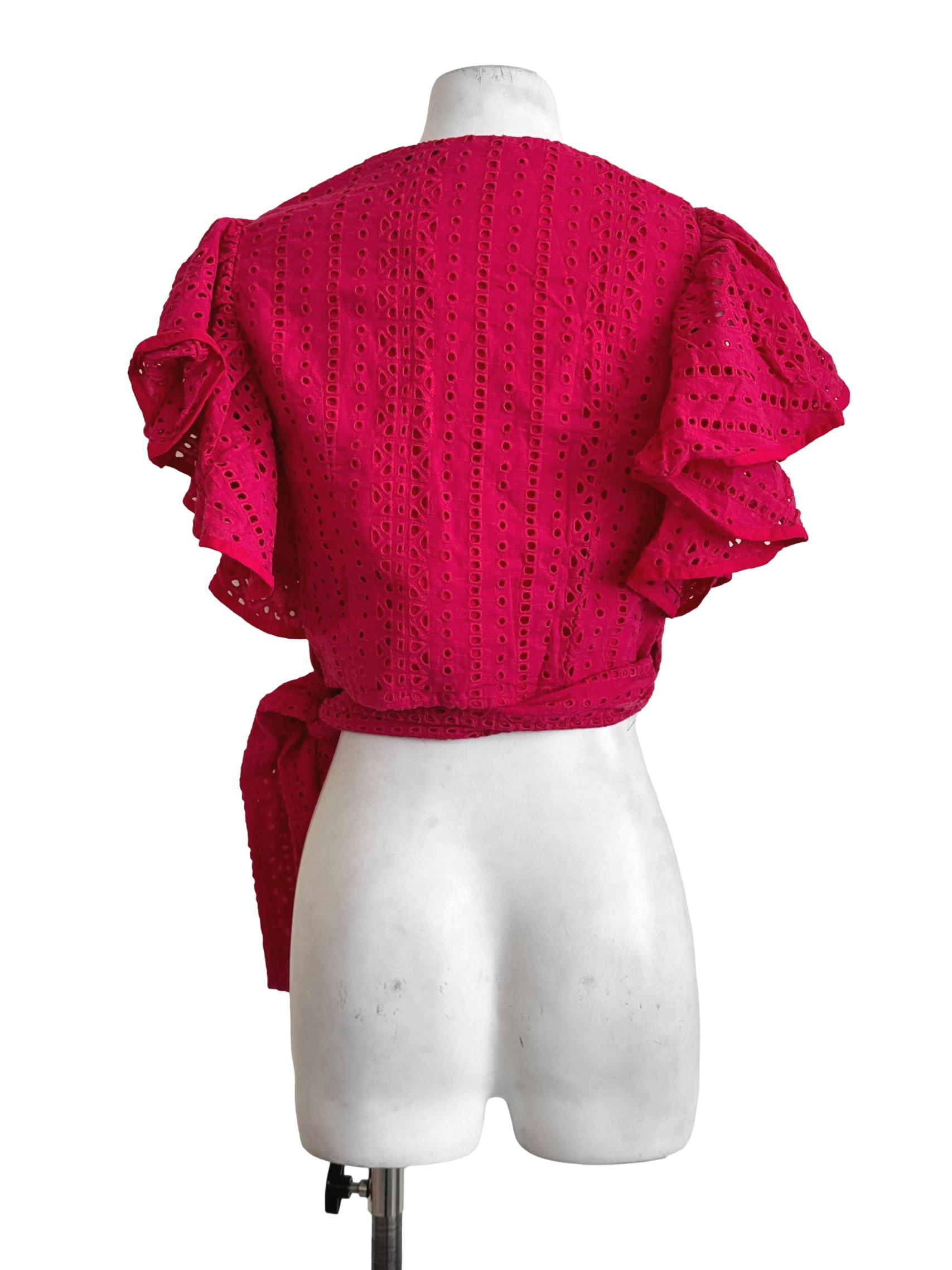 Hot Pink Embroidery Wrap Crop Top