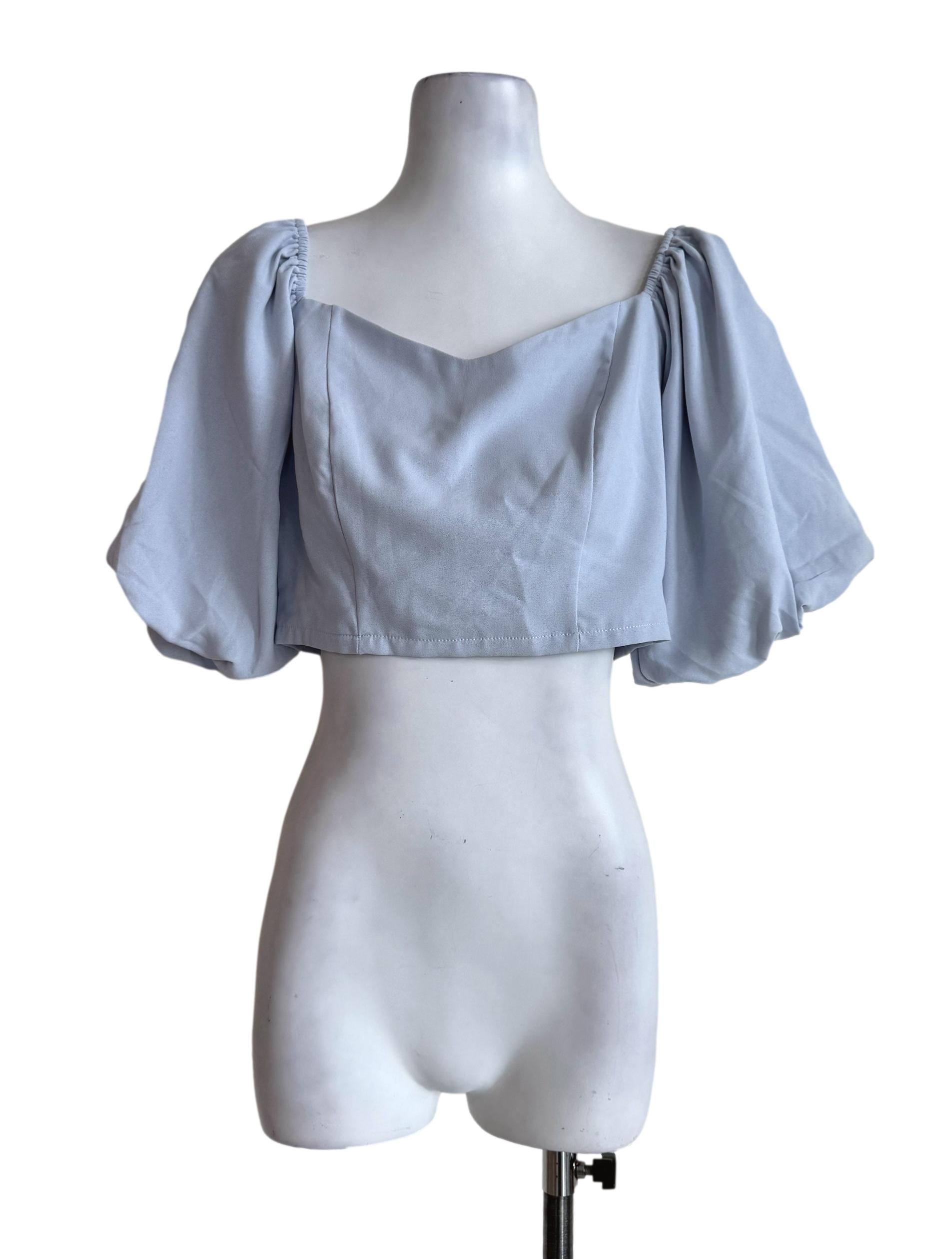 Soft Blue Bubble Sleeve Crop Top