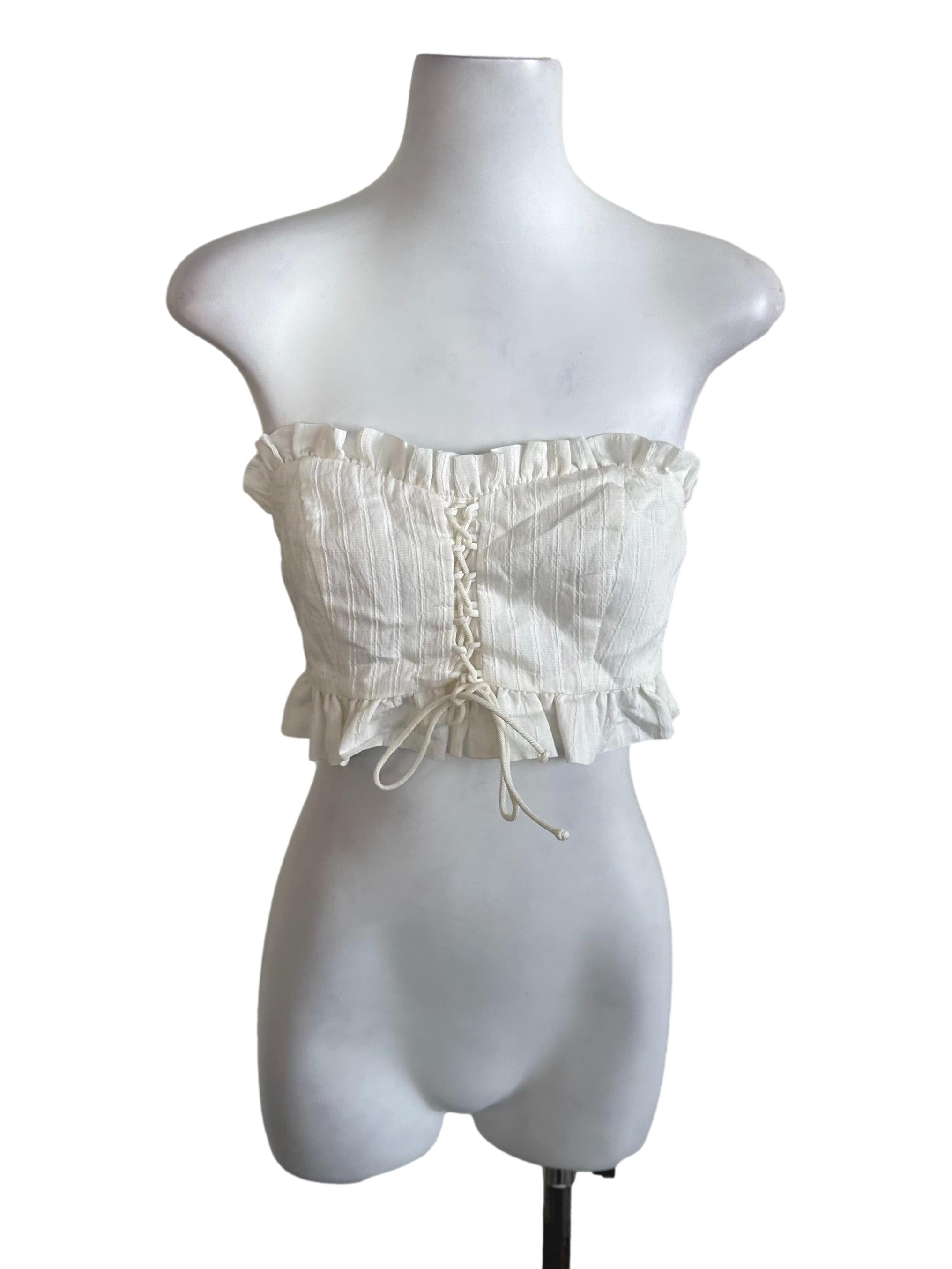 Off White Textured Ruffle Tube Top