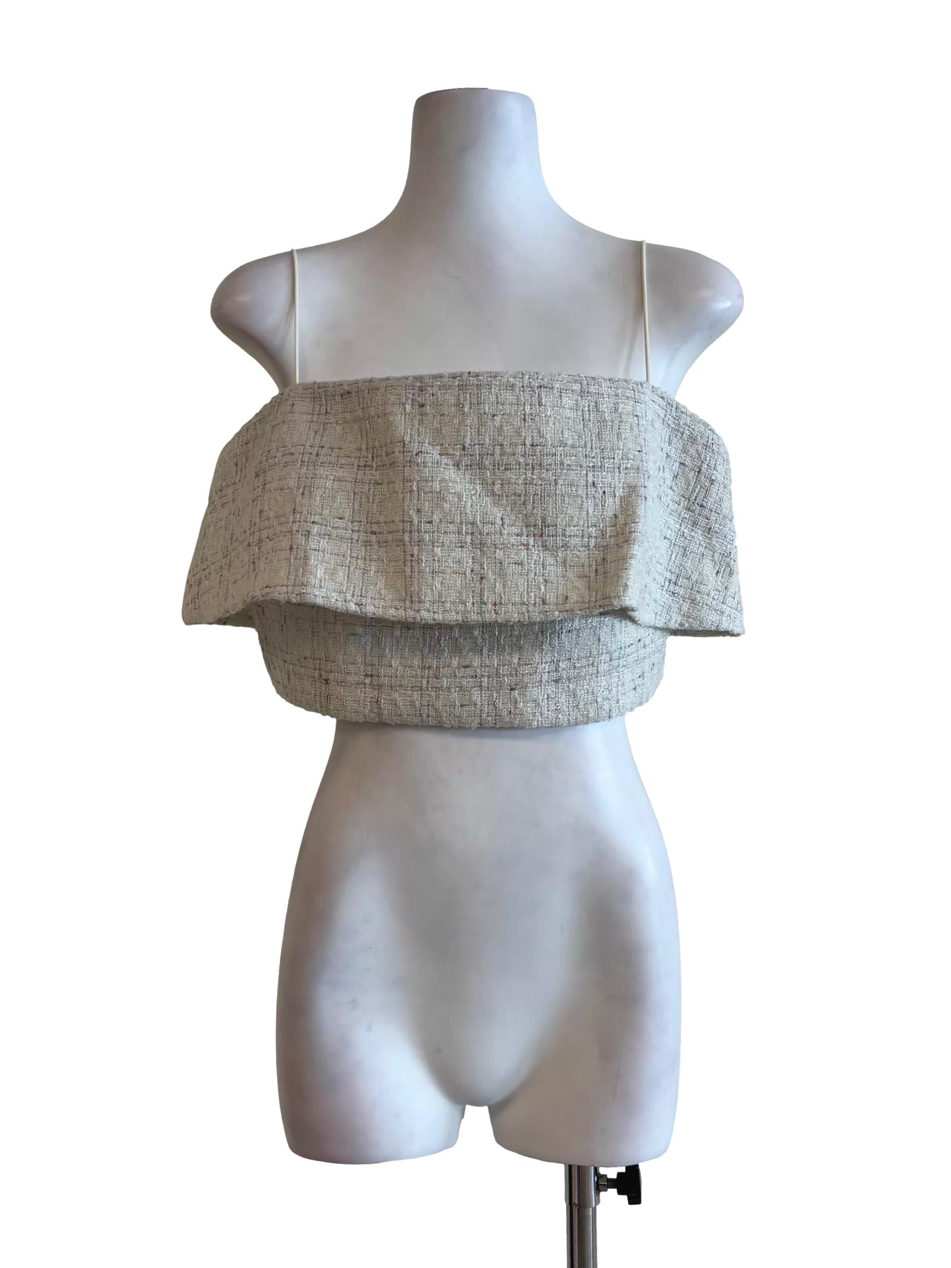 Ivory White Spaghetti Strap Tweed Top