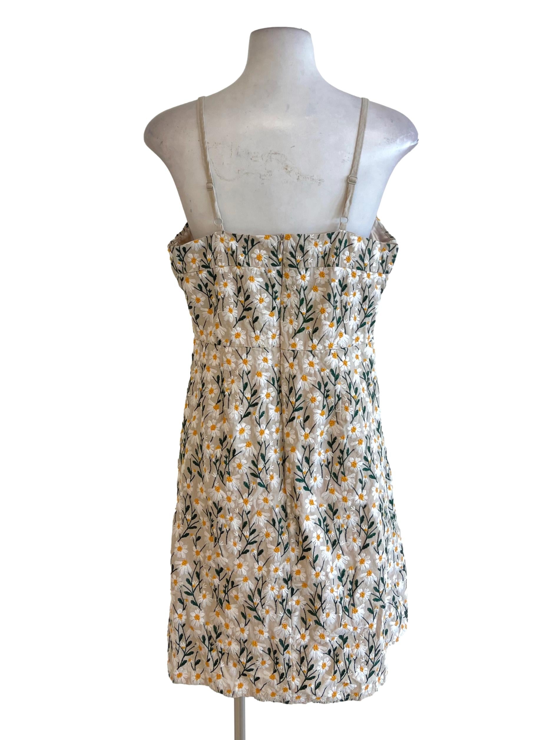 Cream Daisy Embroidered Spaghetti Strap Sheath Dress