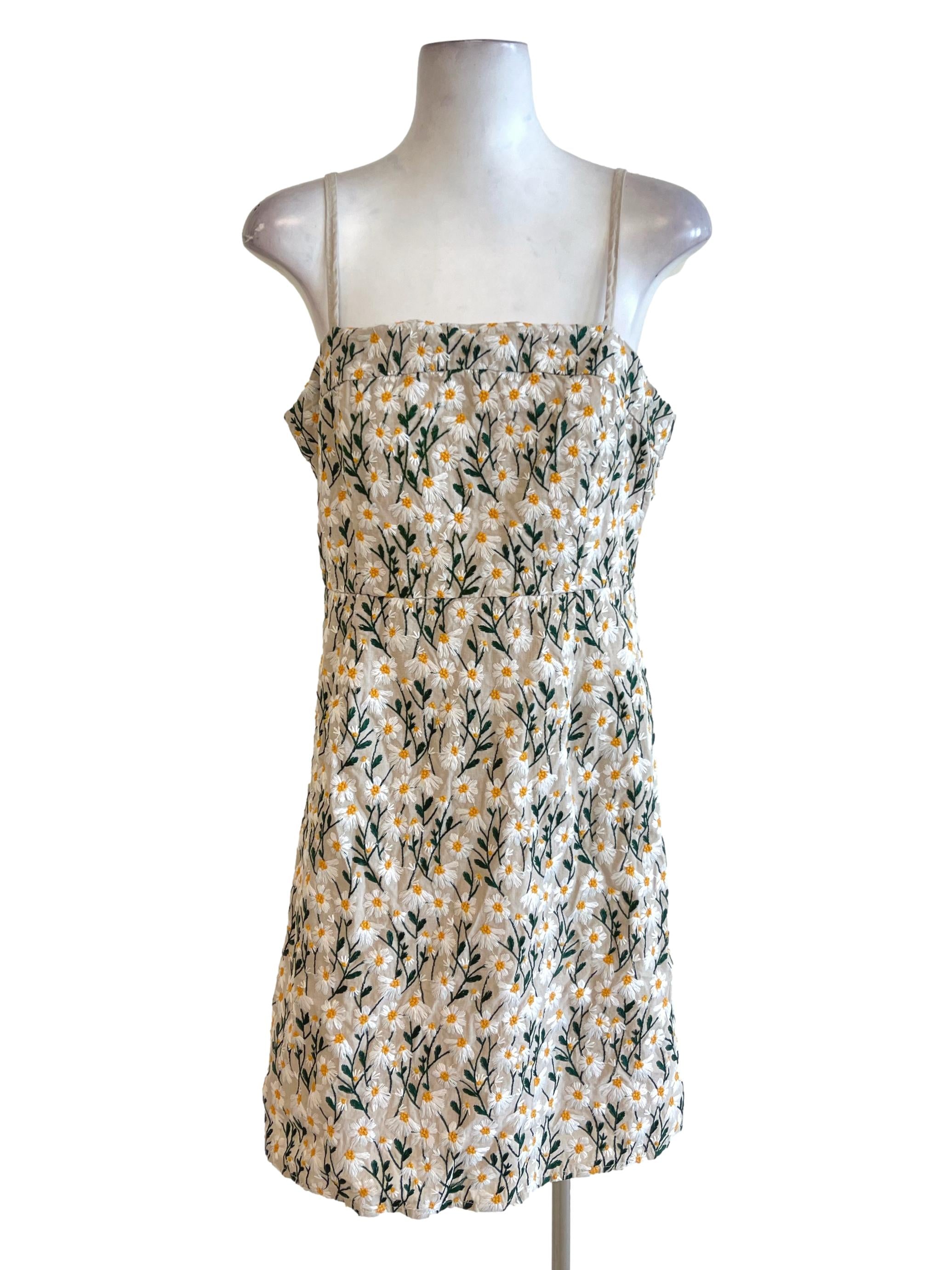 Cream Daisy Embroidered Spaghetti Strap Sheath Dress