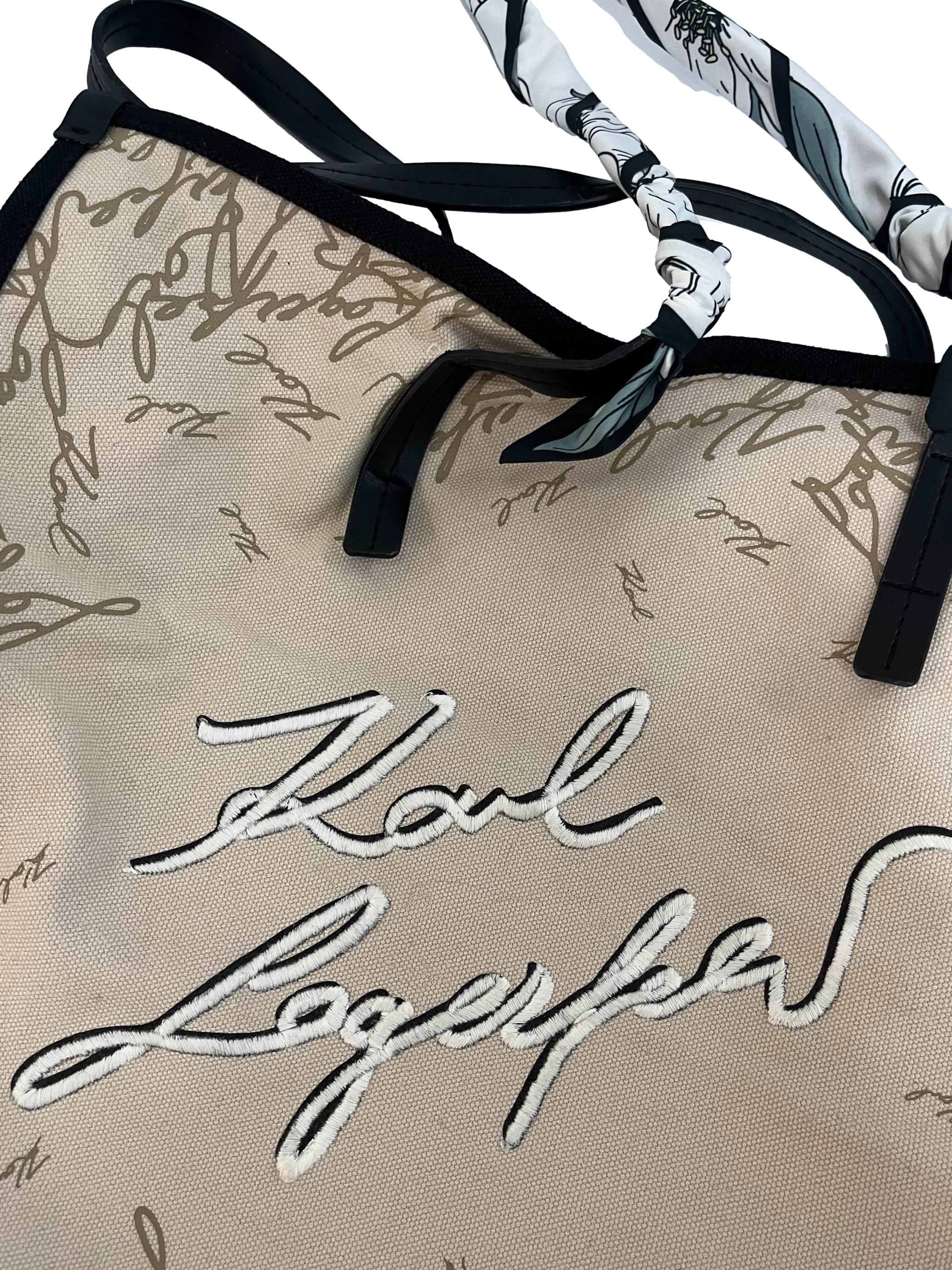 Beige Canvas Large Tote Bag With Embroidered Text