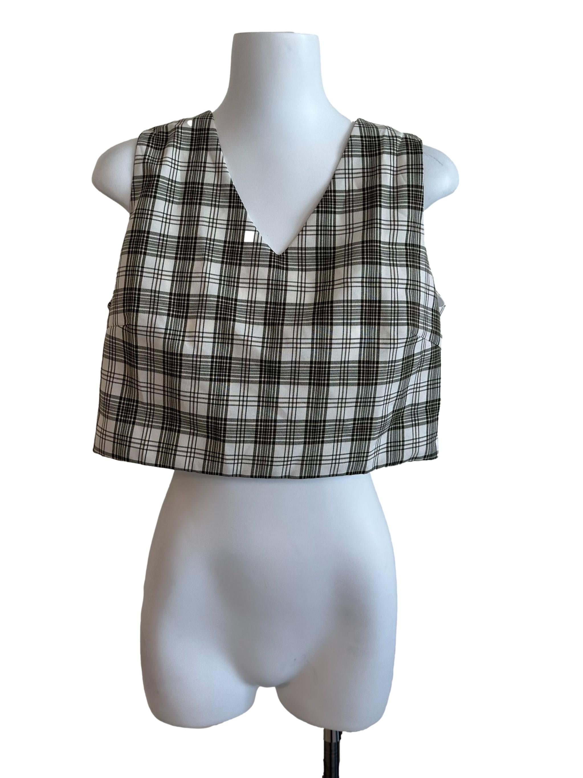 Brown White Plaid Pattern V Neck Top