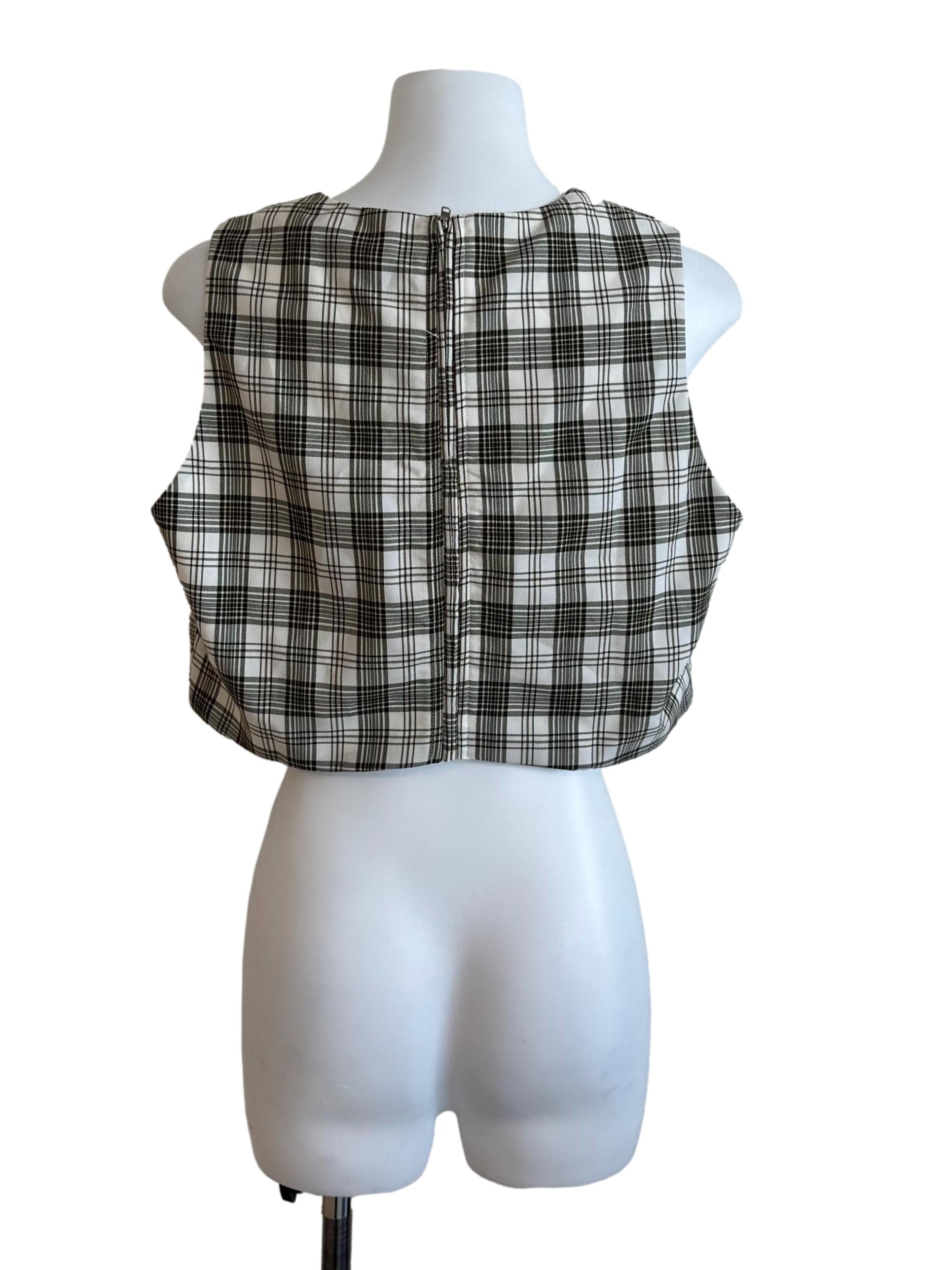 Brown White Plaid Pattern V Neck Top