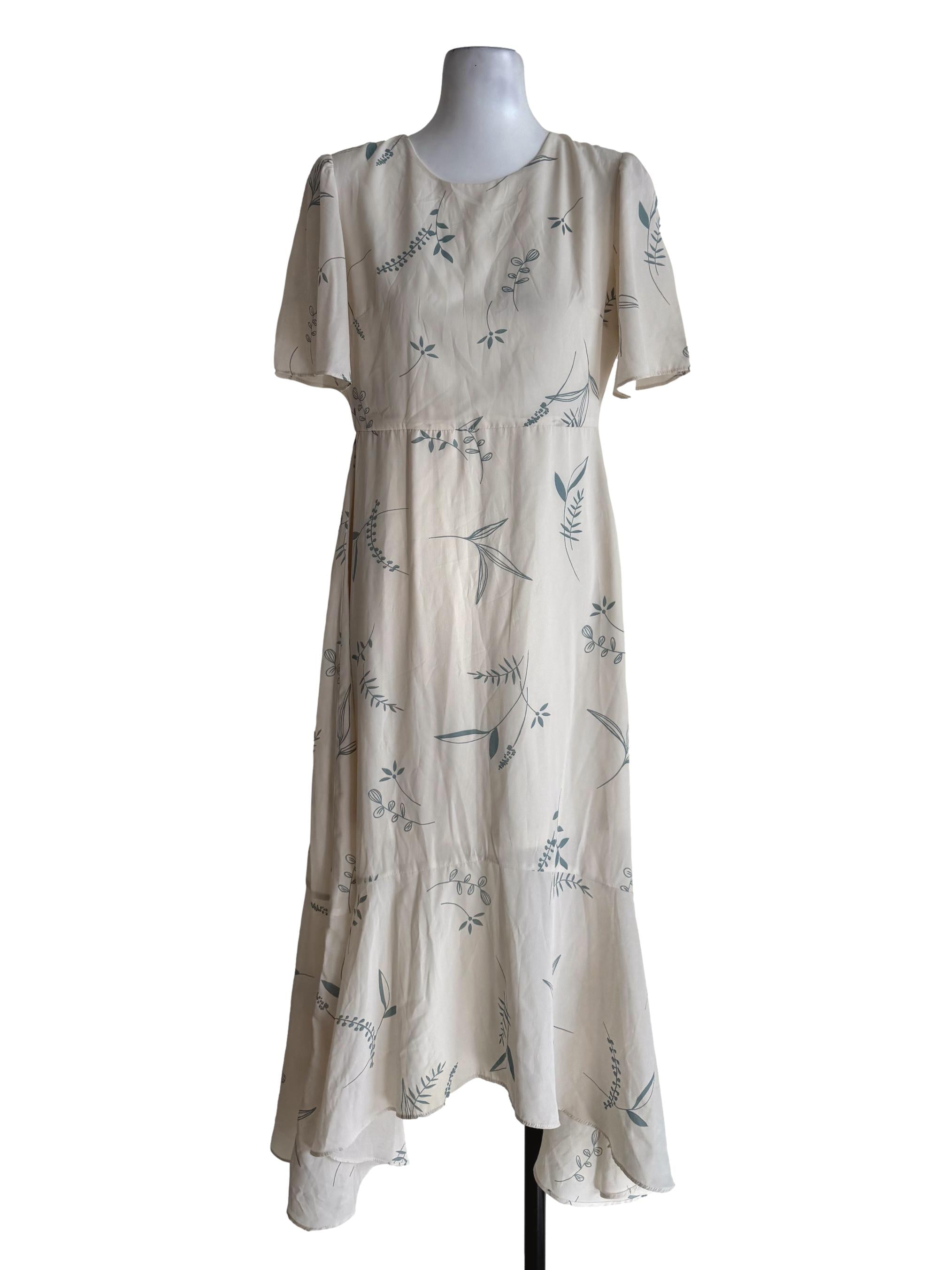 Rice White With Prints Round Neck Dress TCL