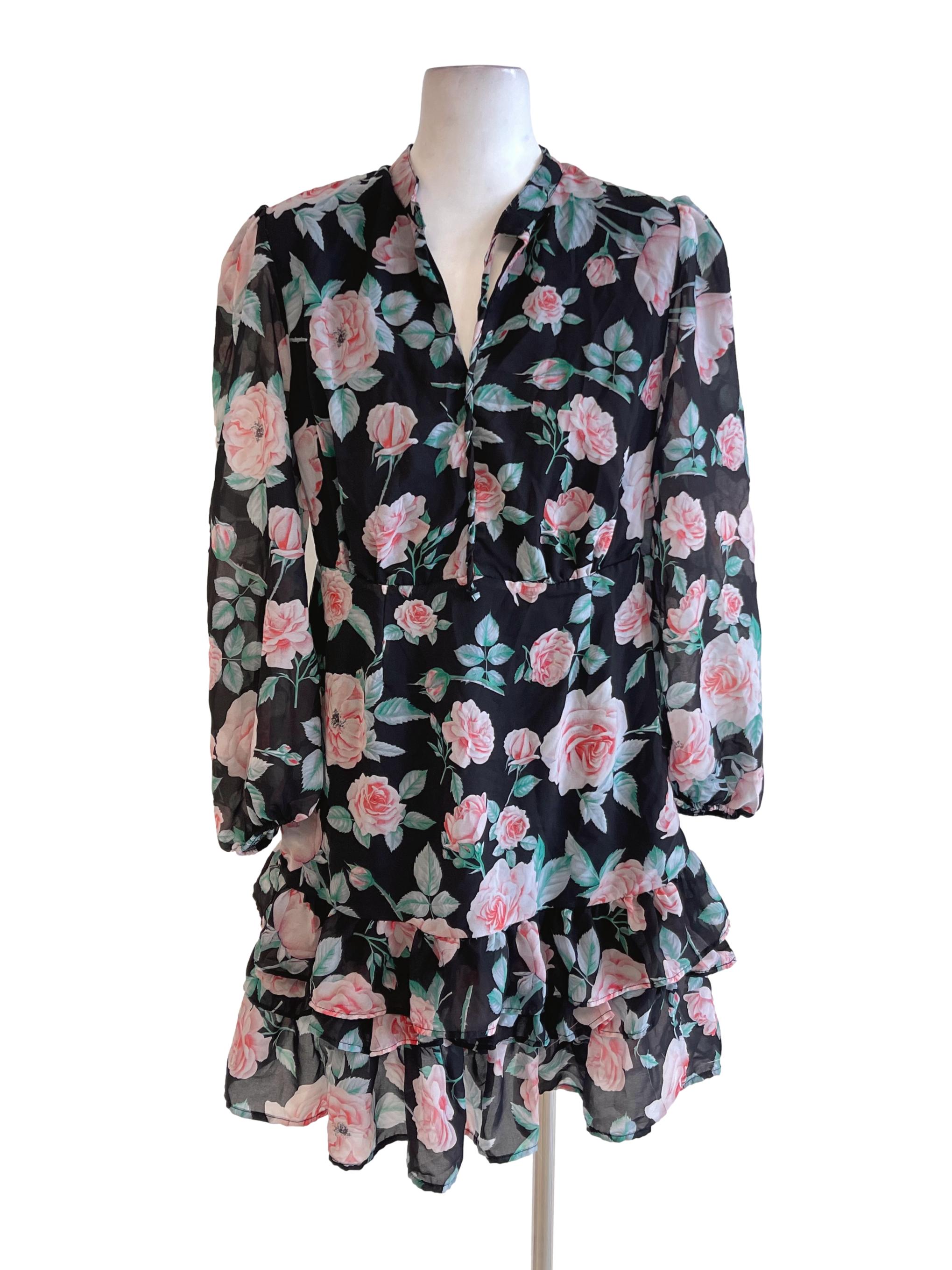Black Sheer Roses Printed Puffed Sleeve Ruffle Dress