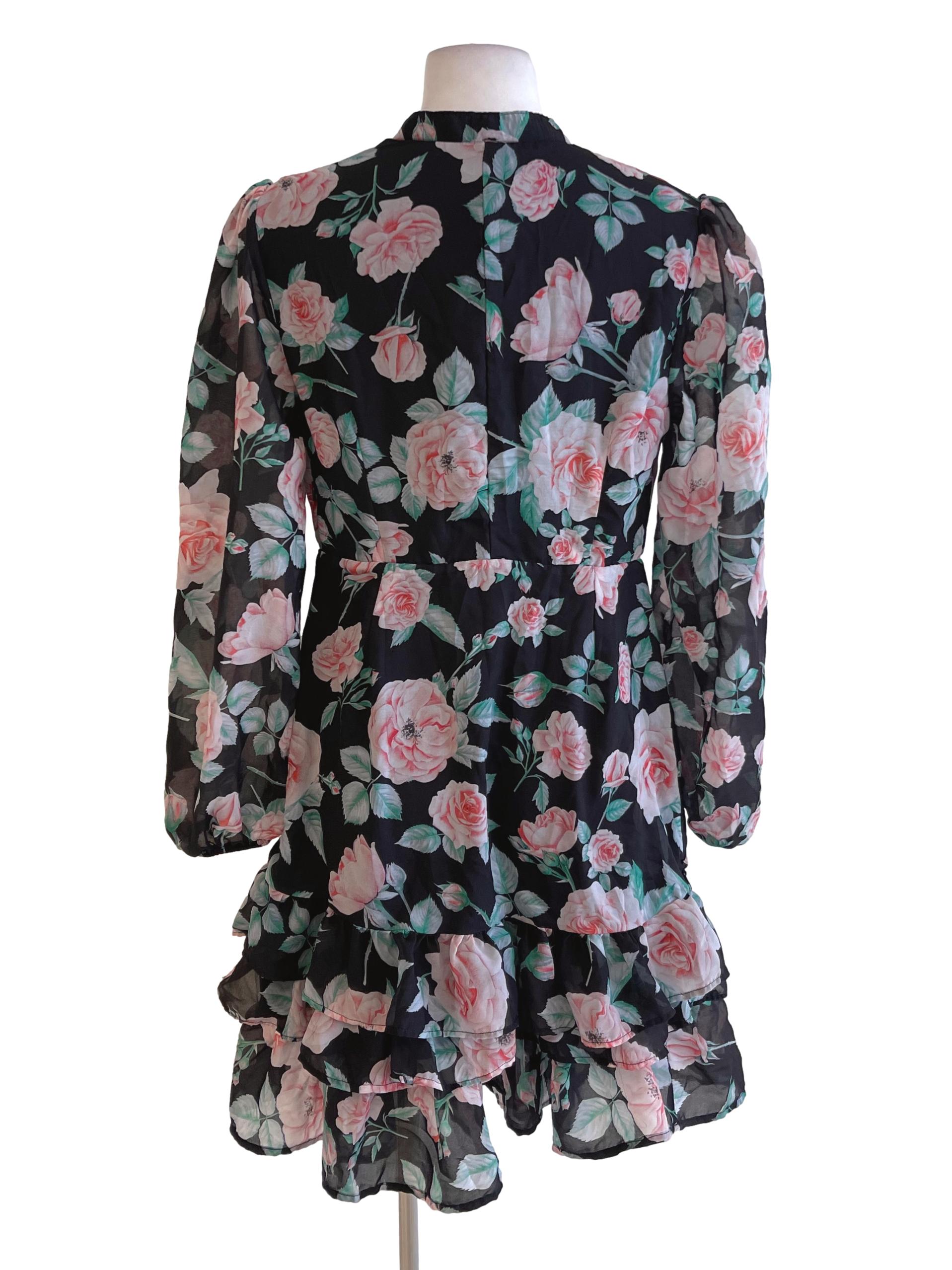 Black Sheer Roses Printed Puffed Sleeve Ruffle Dress
