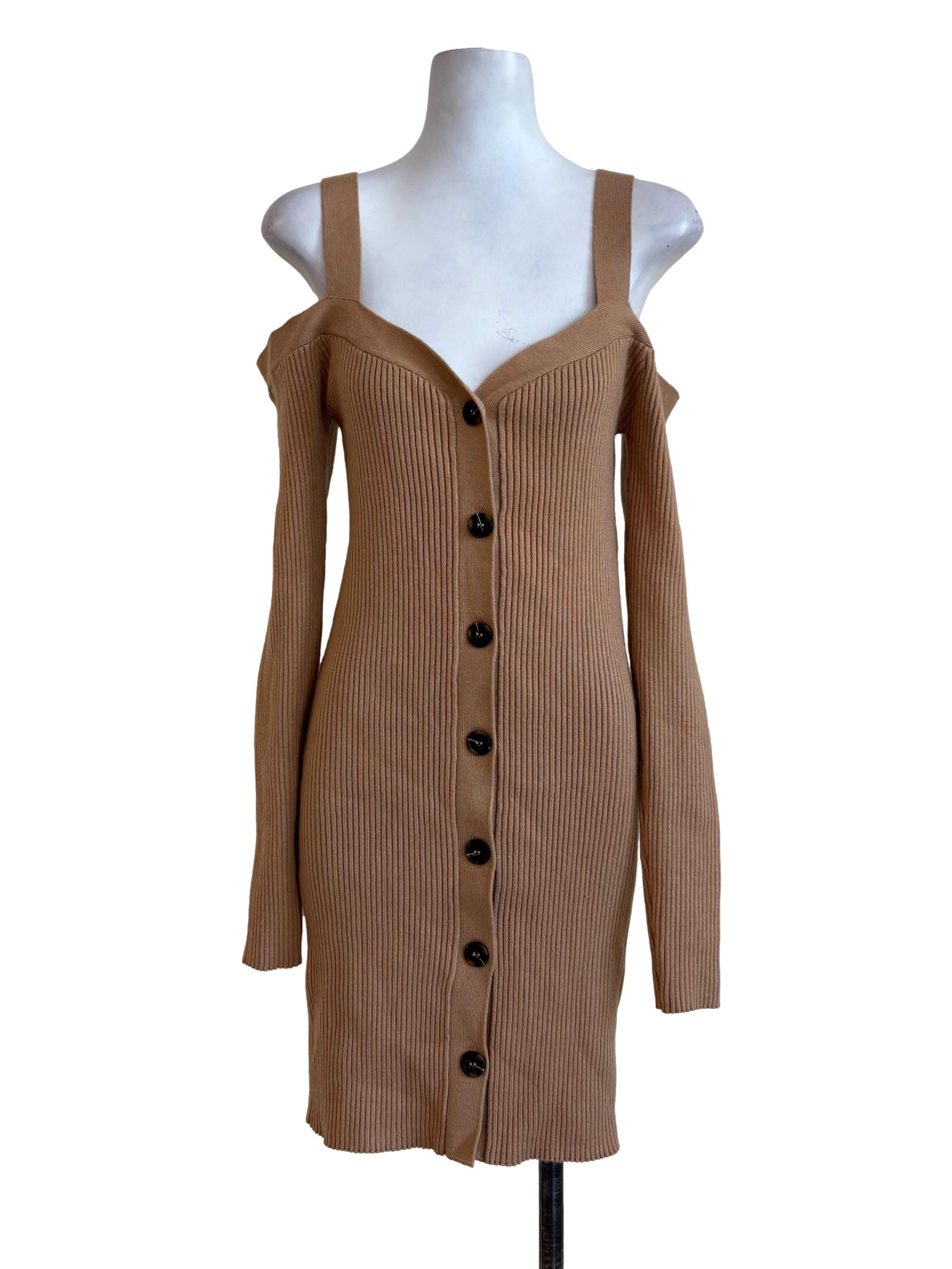 Tawny Knitted Buttoned Straight Off Shoulder Dress