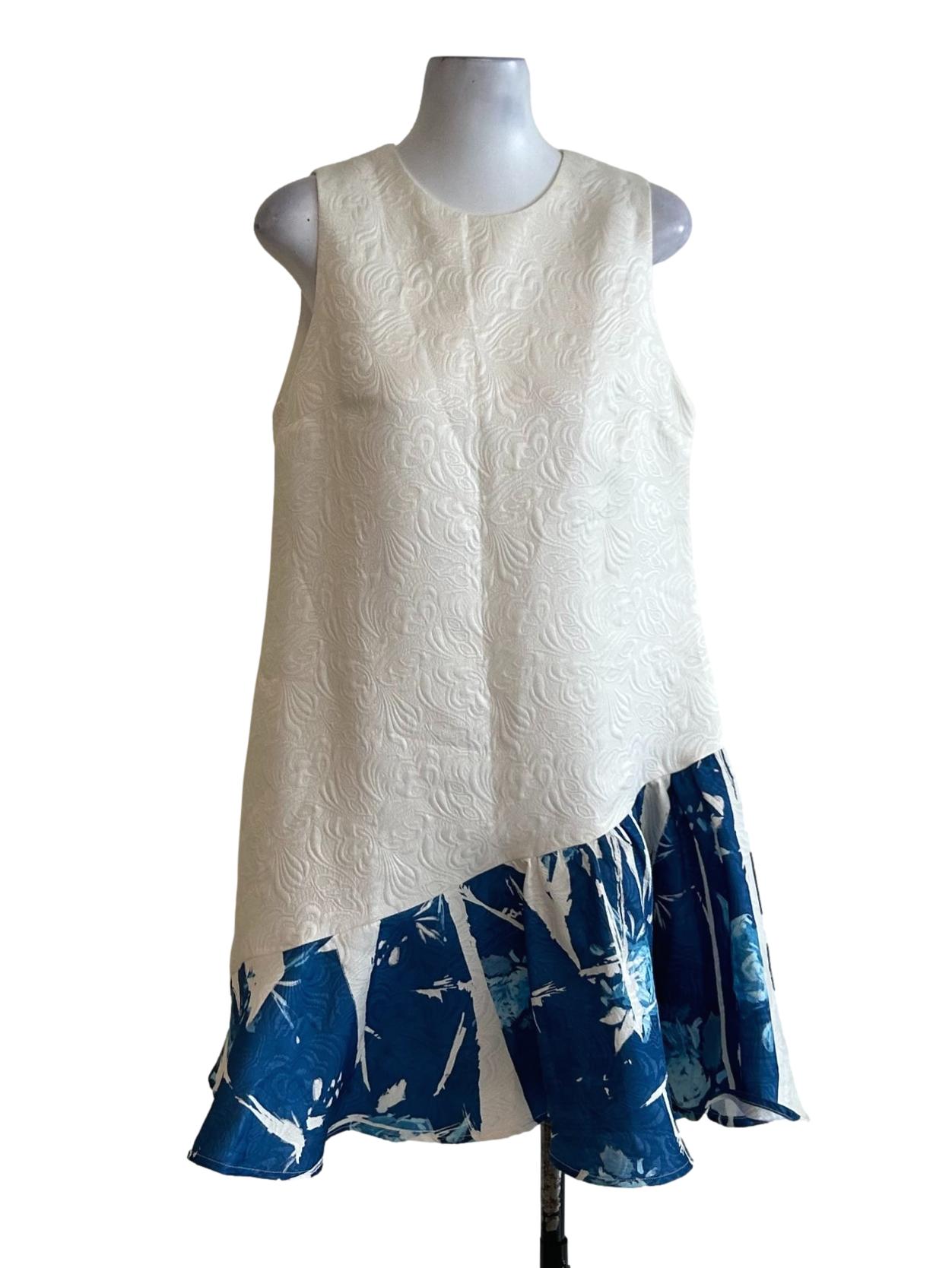 Cream And Blue Drop Waist Dress