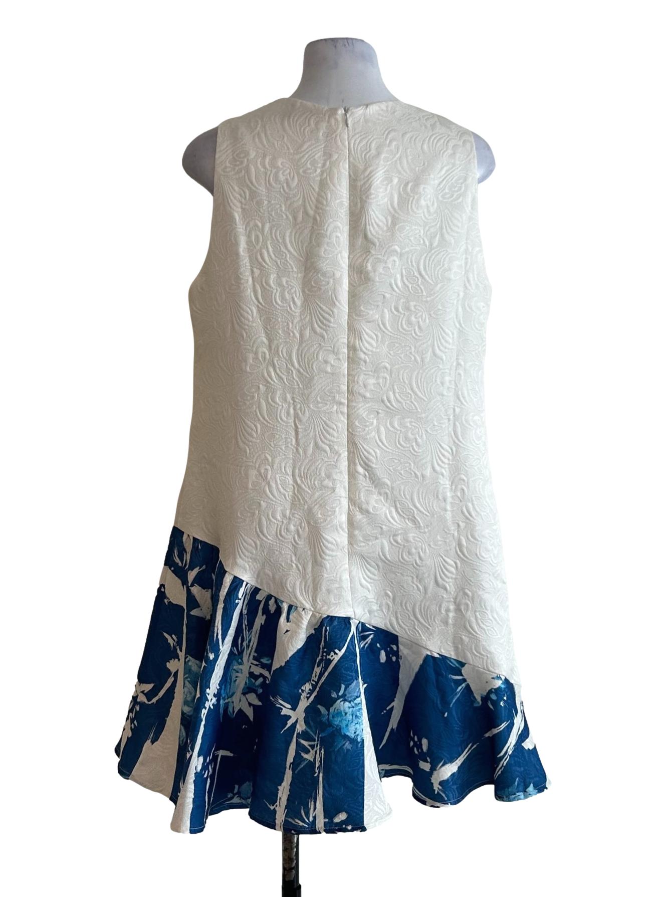 Cream And Blue Drop Waist Dress