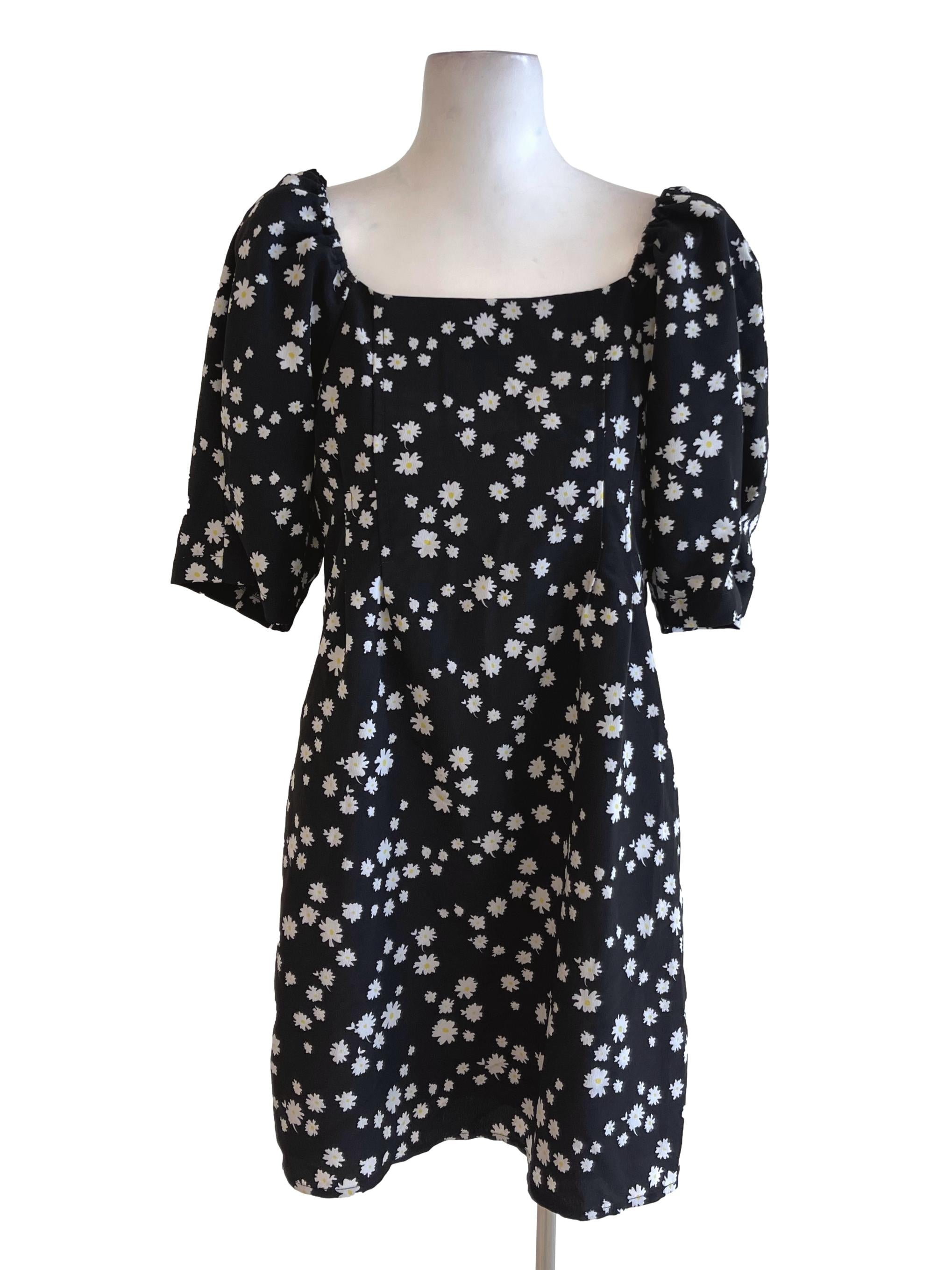 Black Daisy Printed French Sleeve Dress