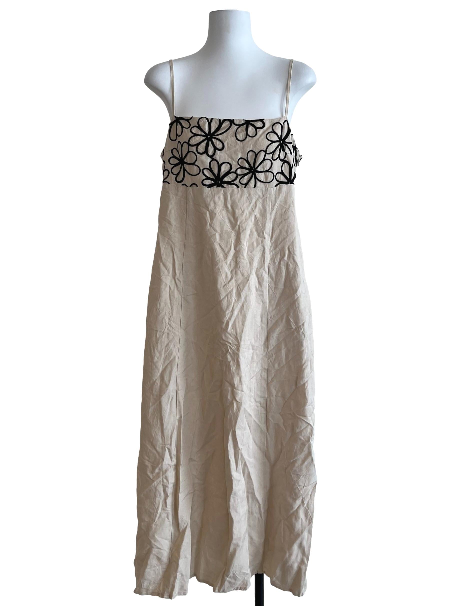 Linen Beige Floral Embroidered Spaghetti Strap Dress