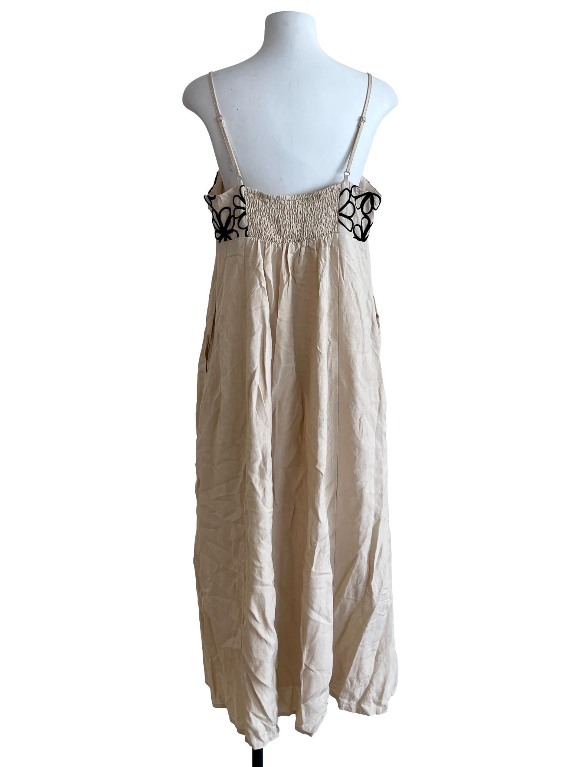 Linen Beige Floral Embroidered Spaghetti Strap Dress