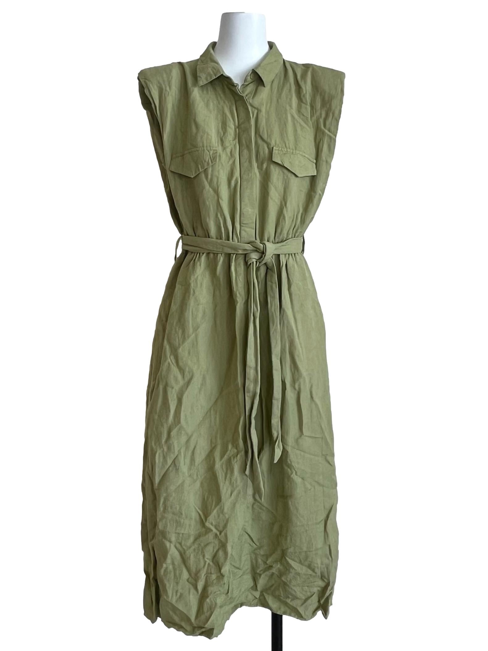 Olive Green Sleeveless Belted Shirt Dress