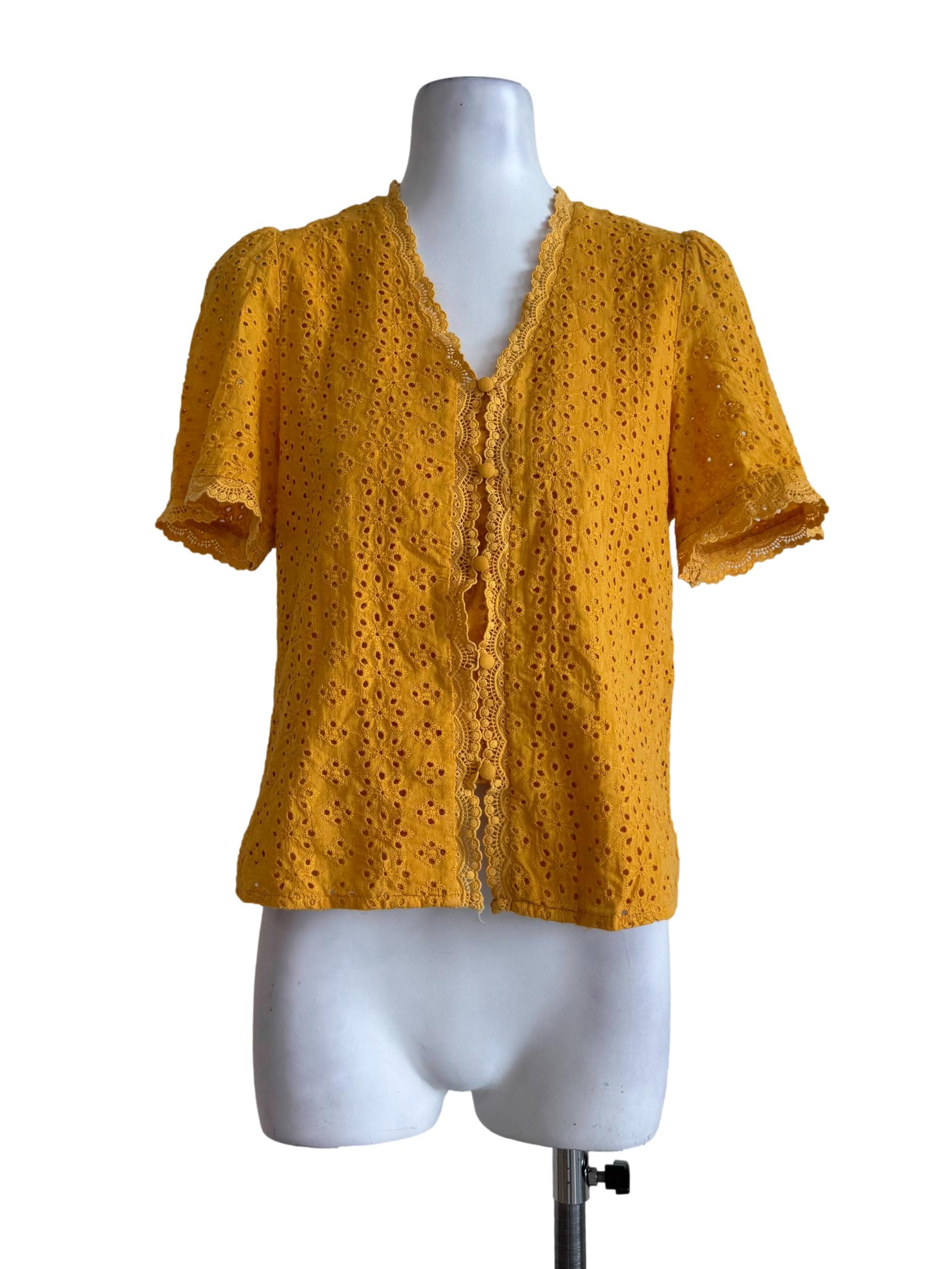 Sunshine Yellow Eyelet V Neck Blouse