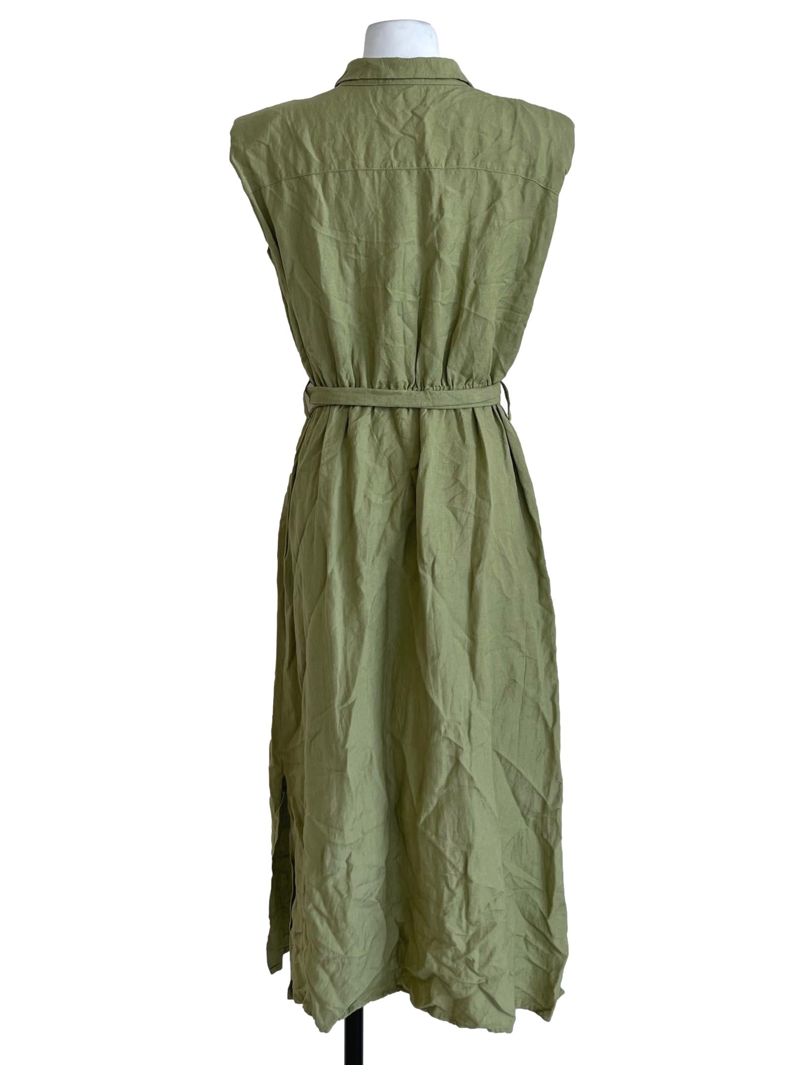 Olive Green Sleeveless Belted Shirt Dress