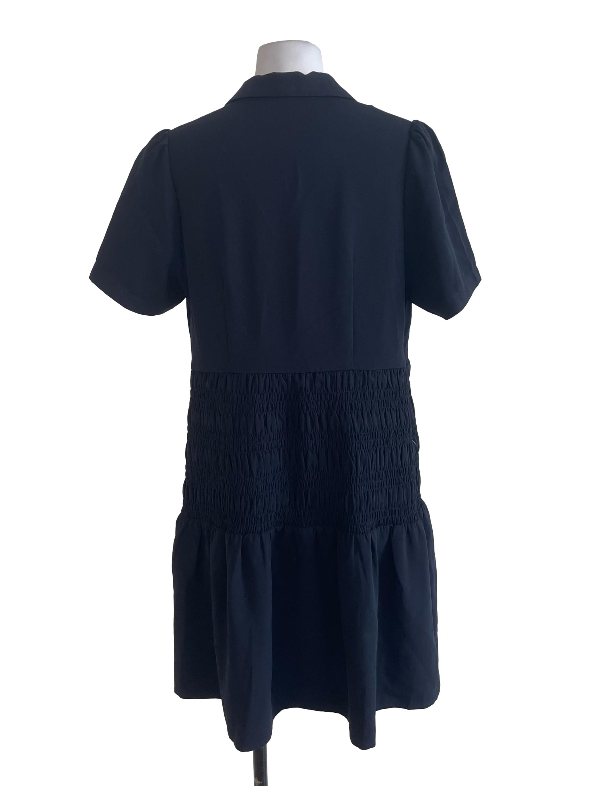 Navy Blue Shirred Shirt Dress
