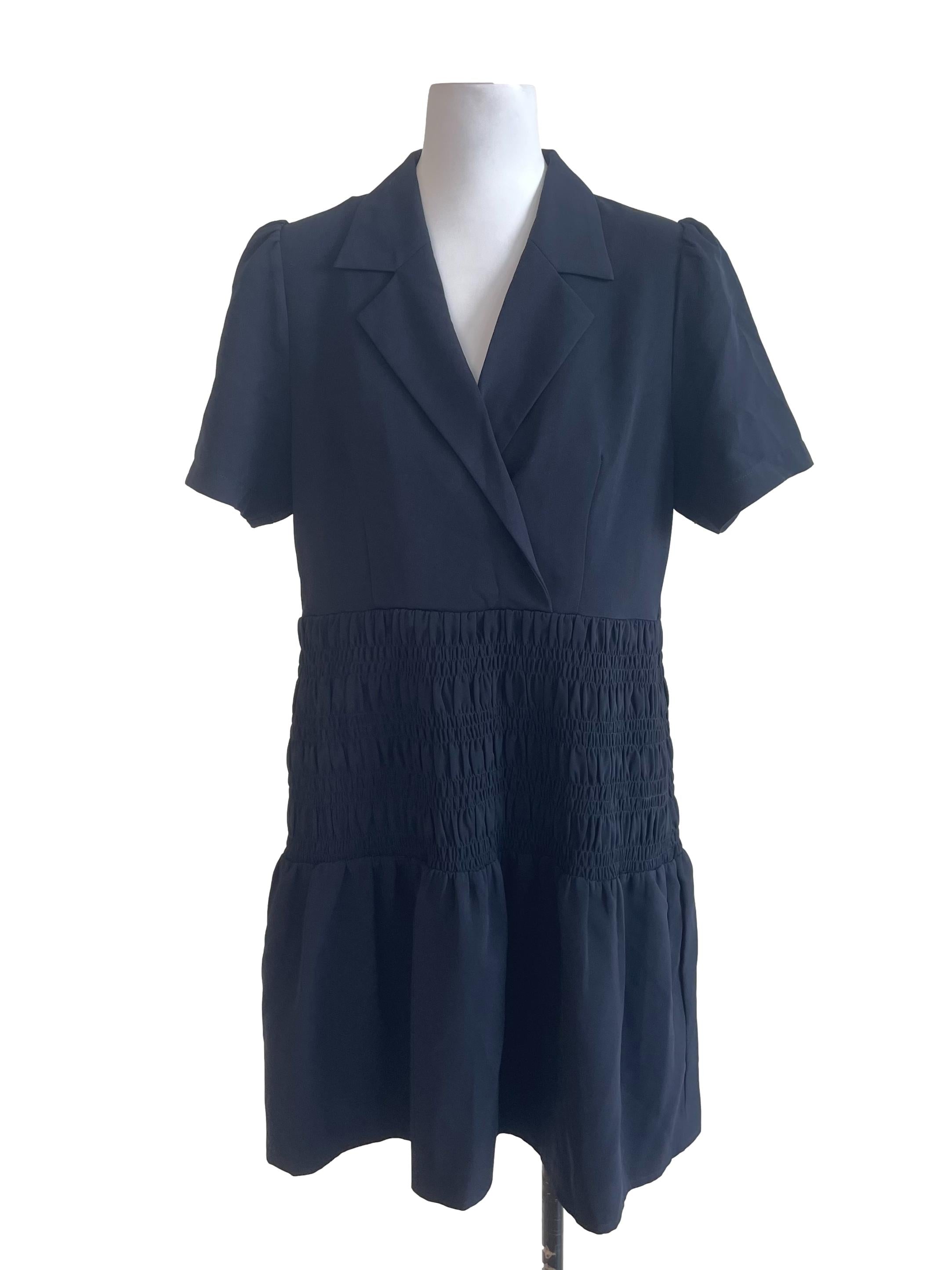 Navy Blue Shirred Shirt Dress