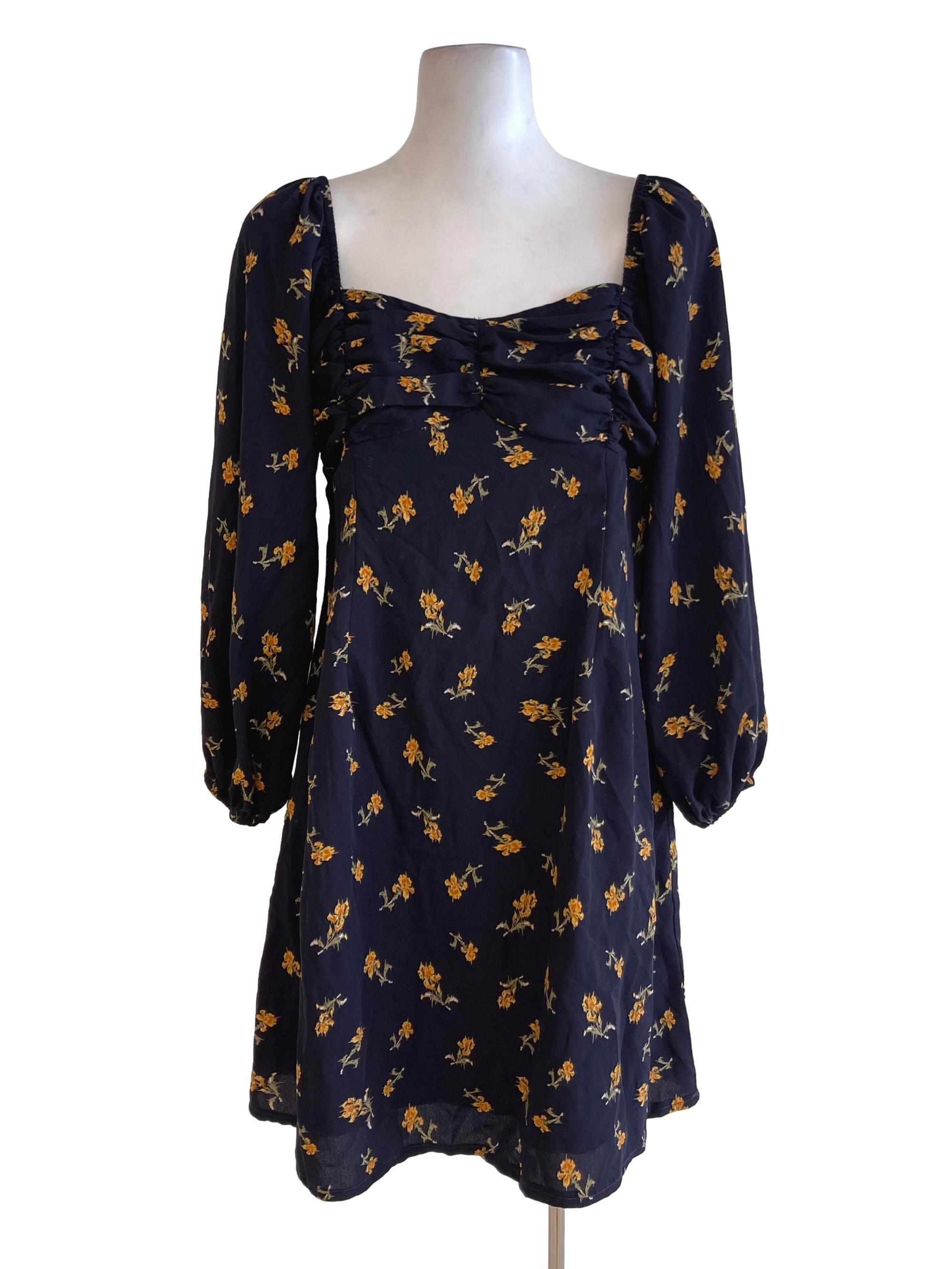 Navy Blue Yellow Floral Peasant Sleeve Sundress