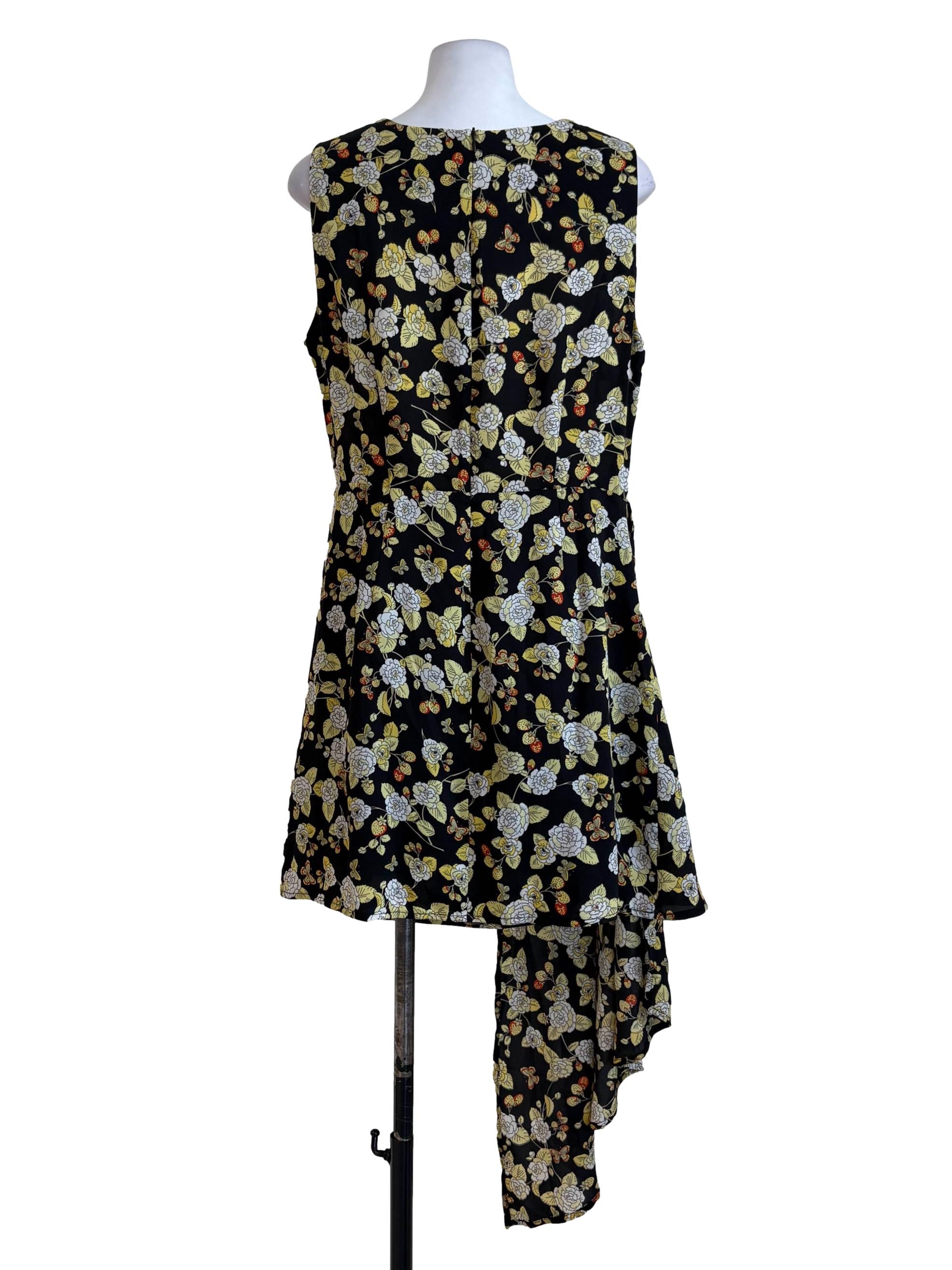 Black Floral Asymmetrical Pleated Dress
