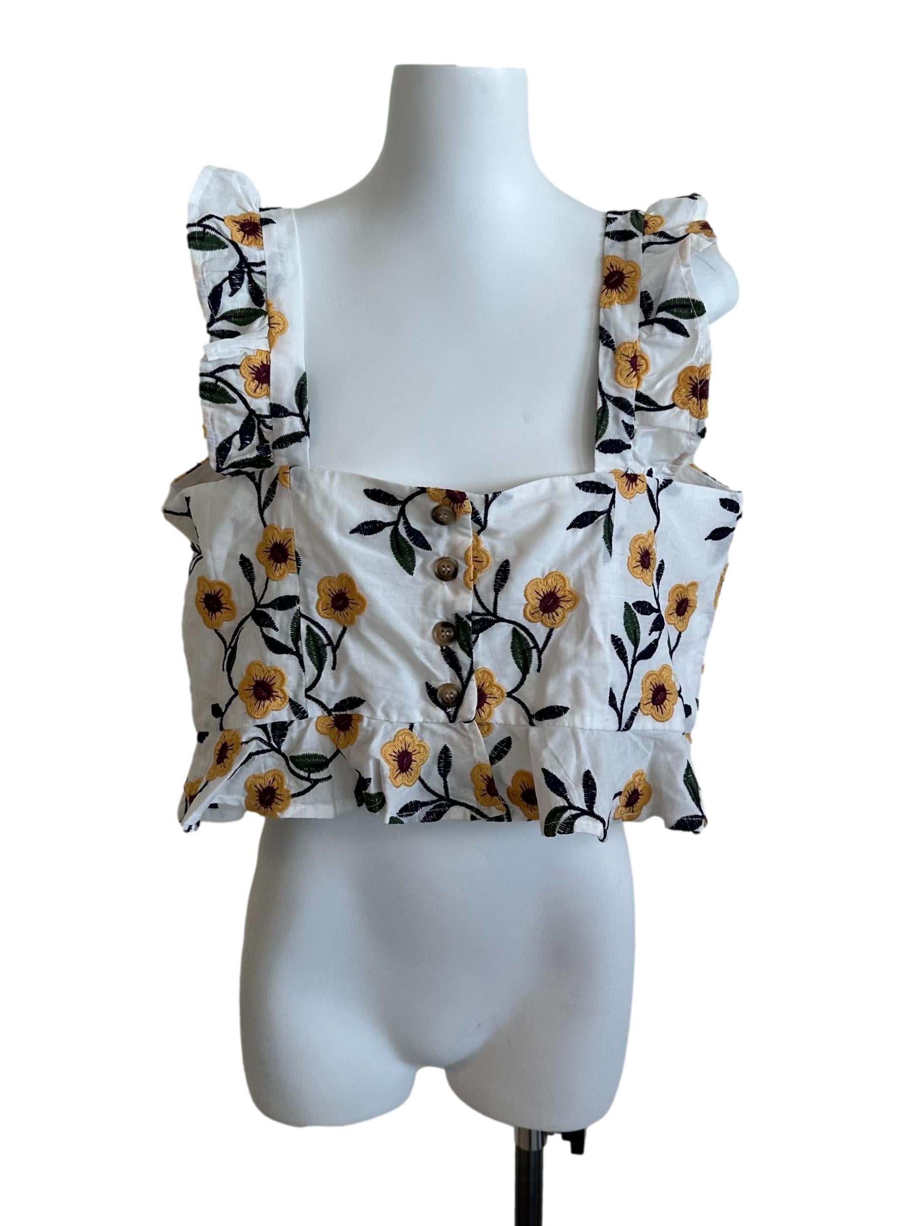 Ivory White Floral Embroidery Button Top