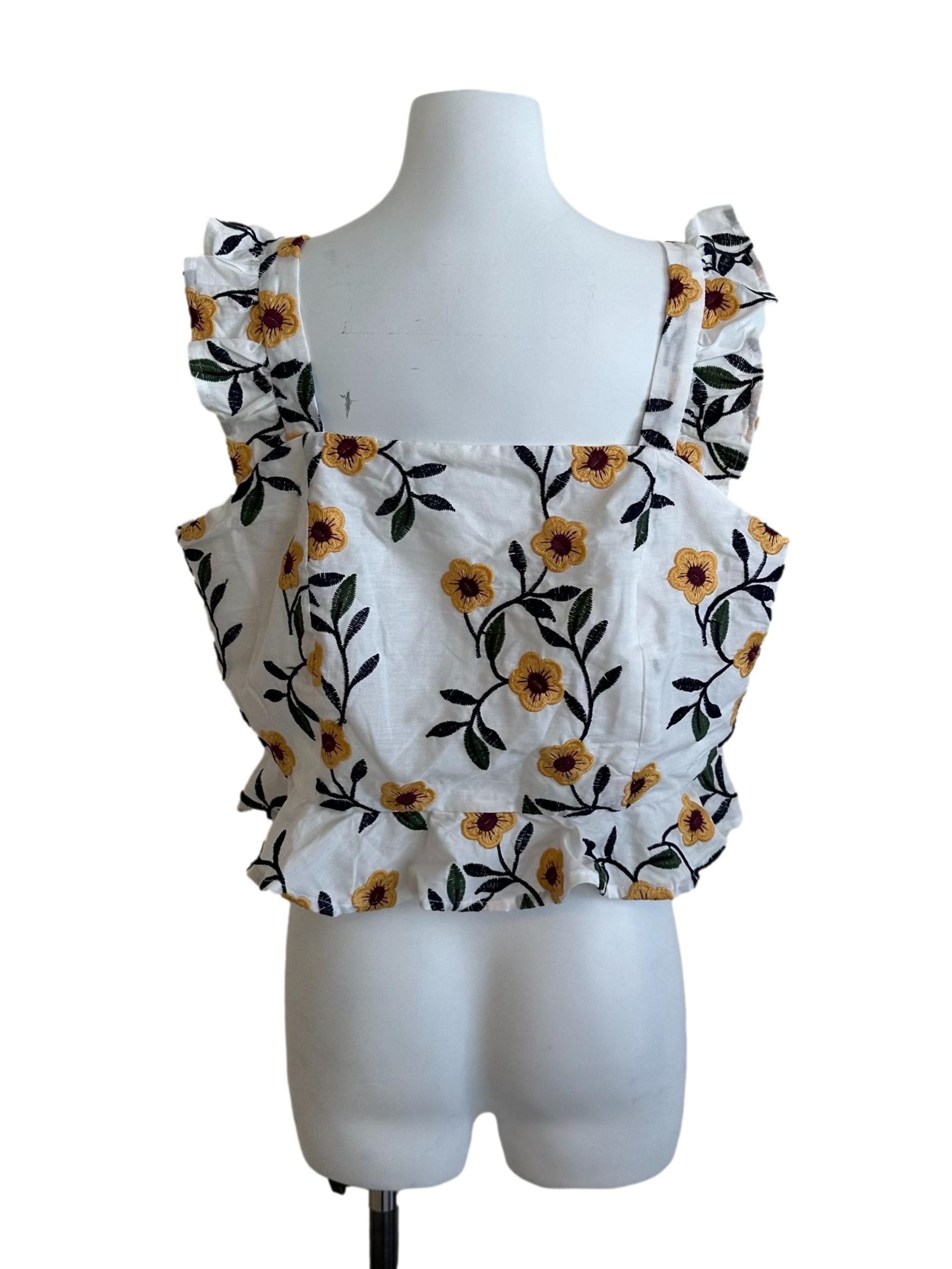 Ivory White Floral Embroidery Button Top