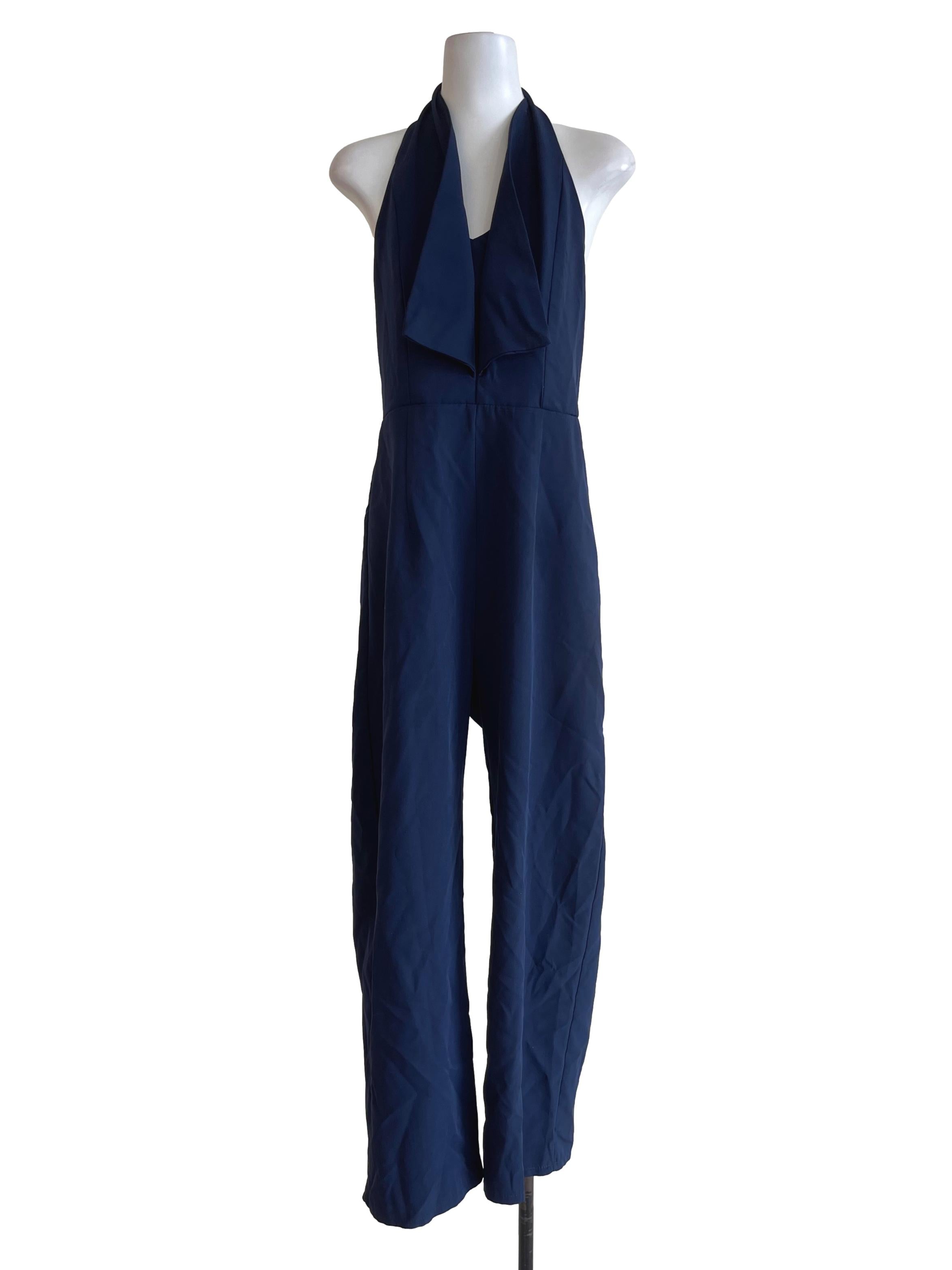 Navy Blue Ruffles Halter Jumpsuit
