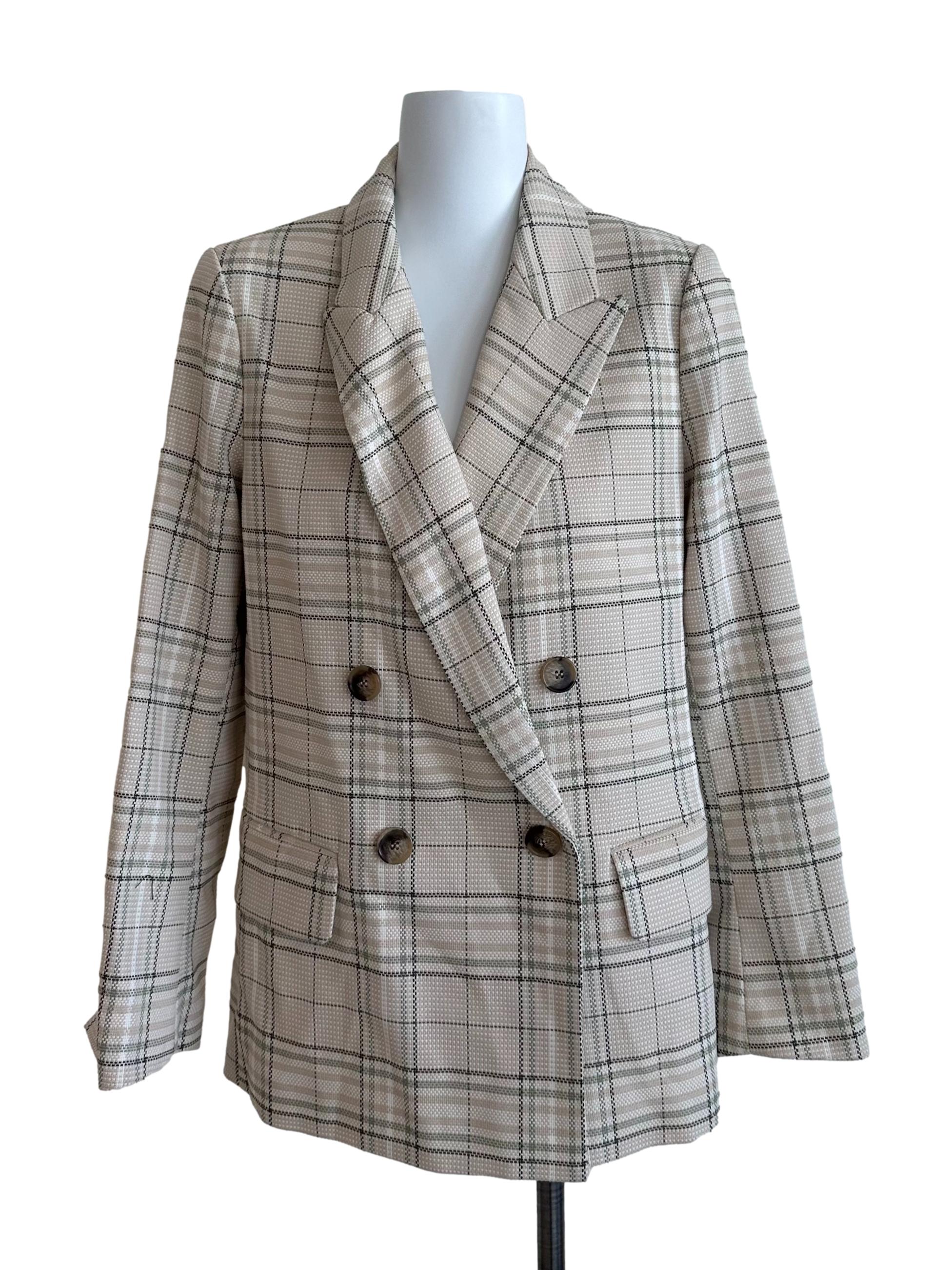Oat Beige Plaid Textured Blazer