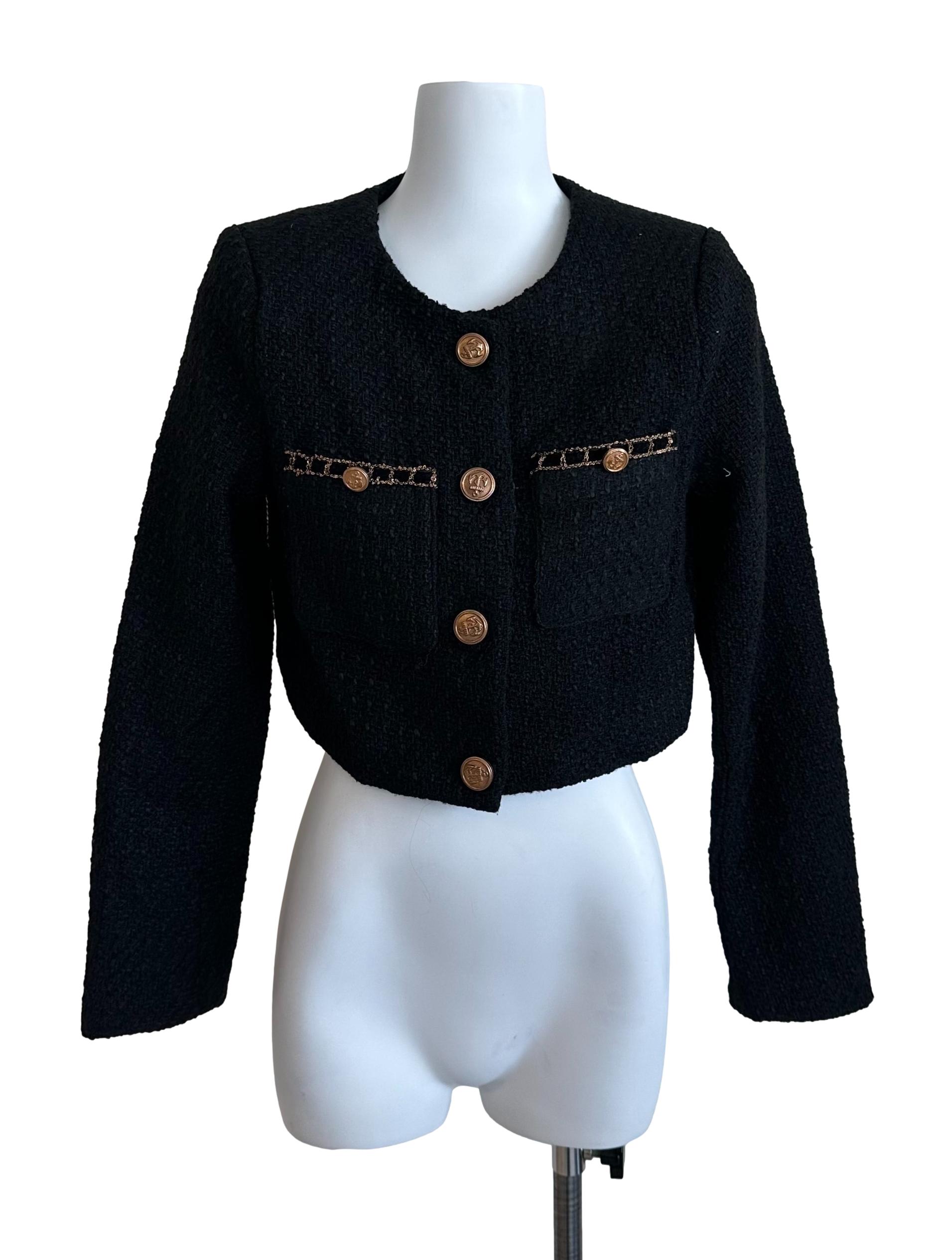 Raven Black Tweed Textured Button Crop Jacket