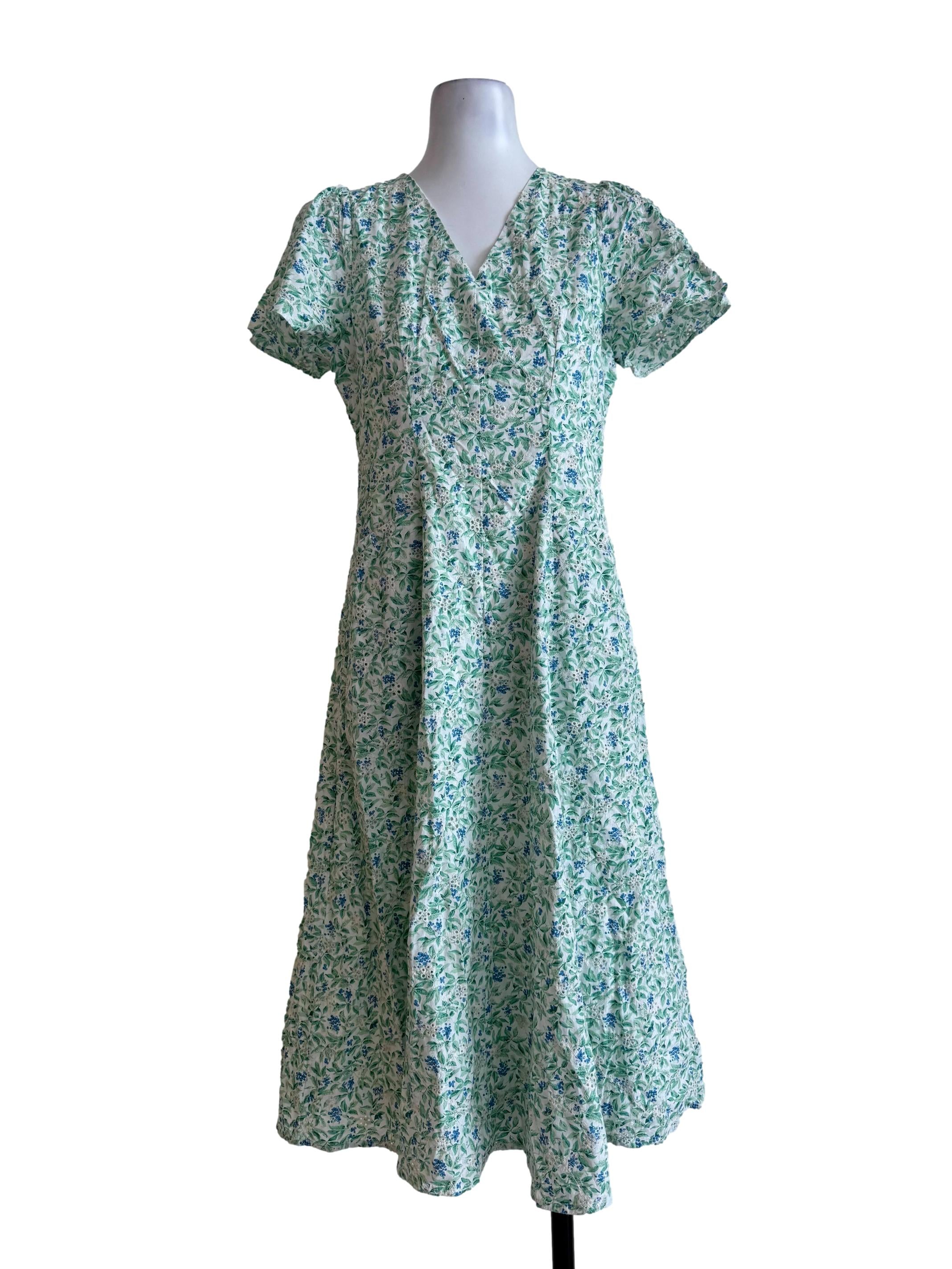 Parakeet Green Embroidery V Neck Dress