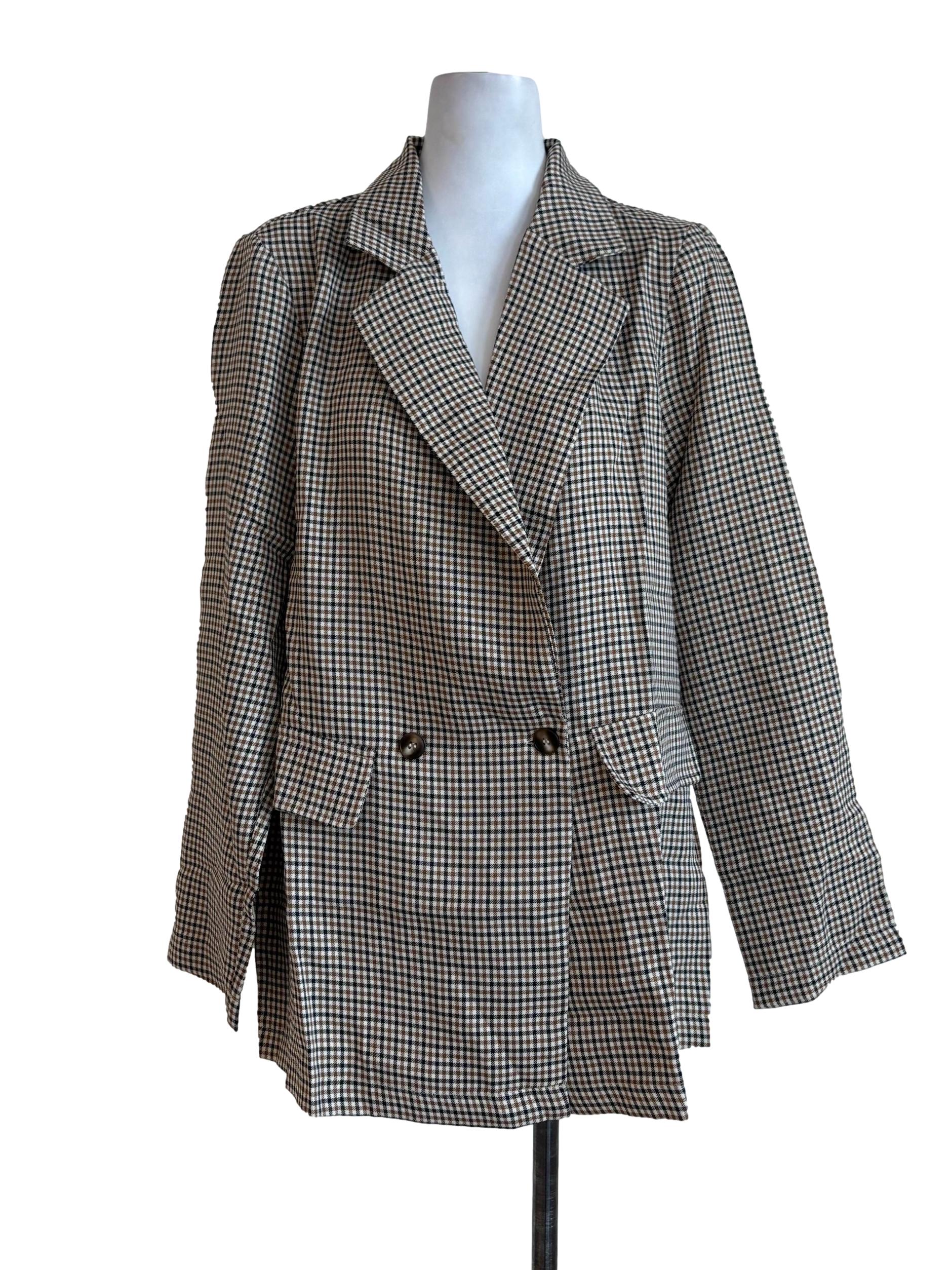 Brown Plaid Double Breasted Cutaway Blazer