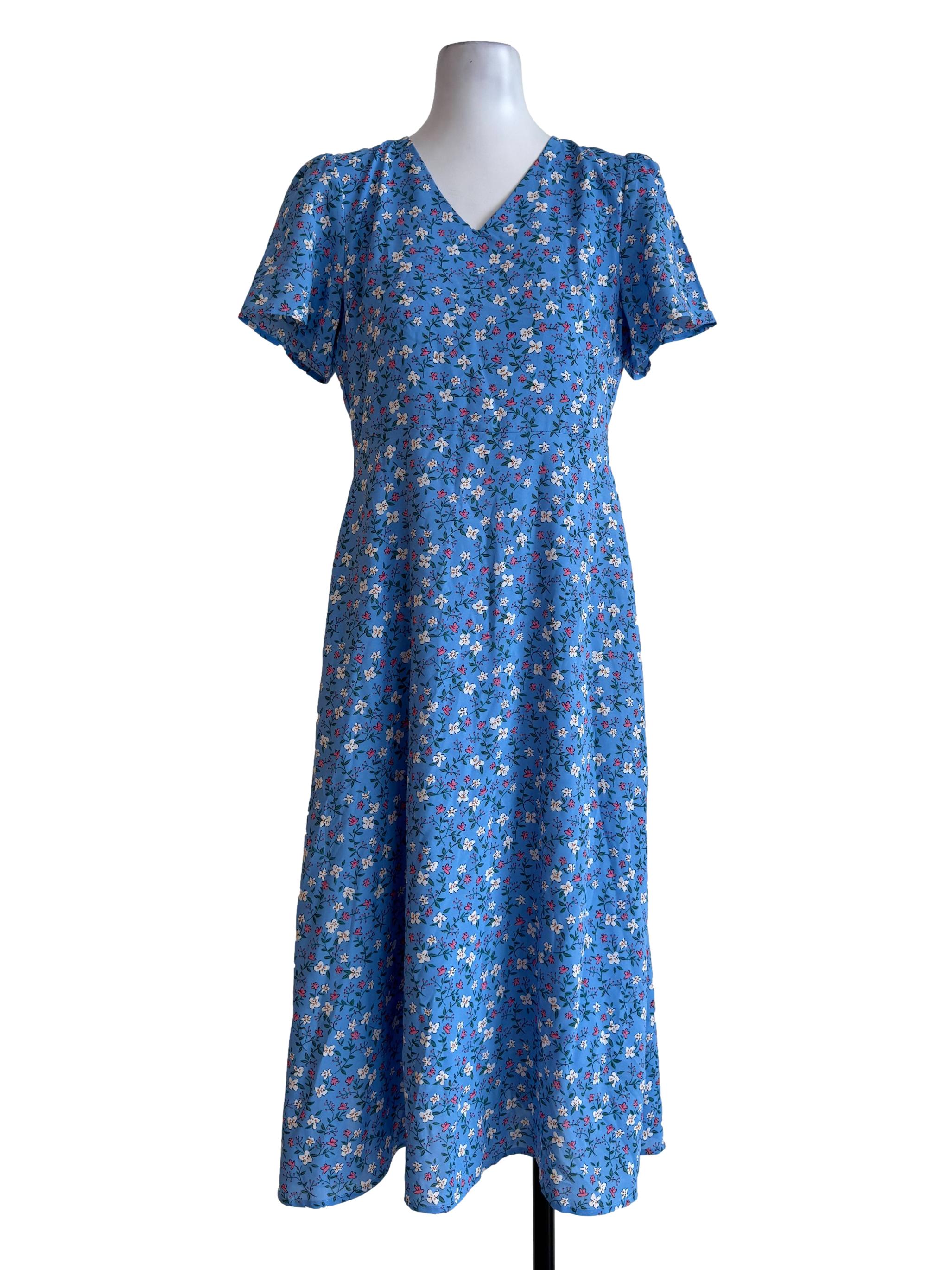 Dodger Blue With Floral Prints V Neck Dress