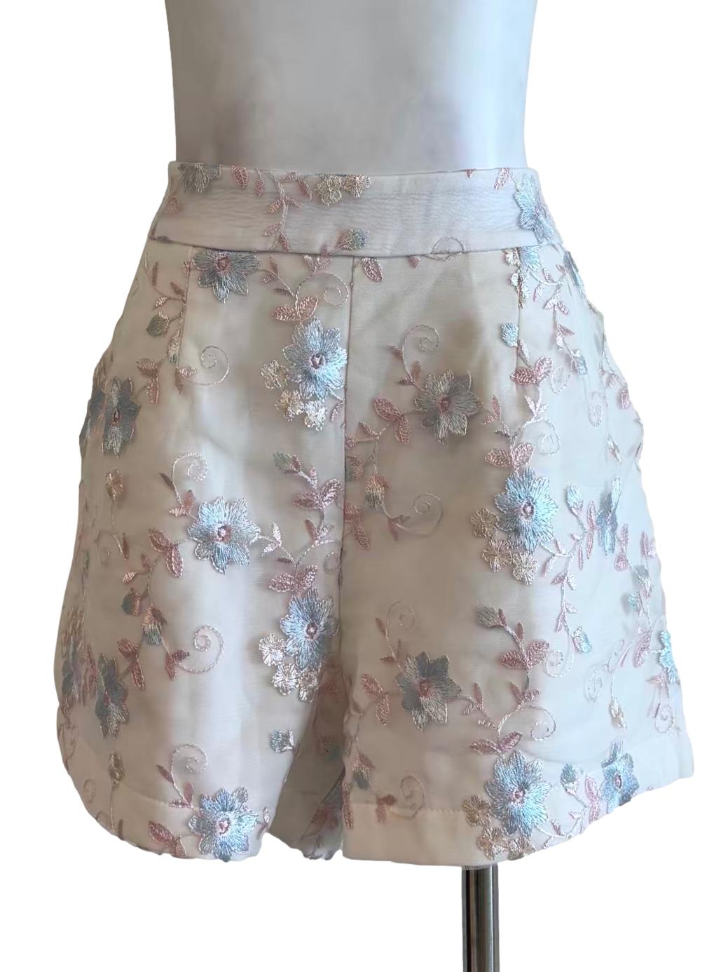 Pearl White Blue Pink Embroidered Shorts