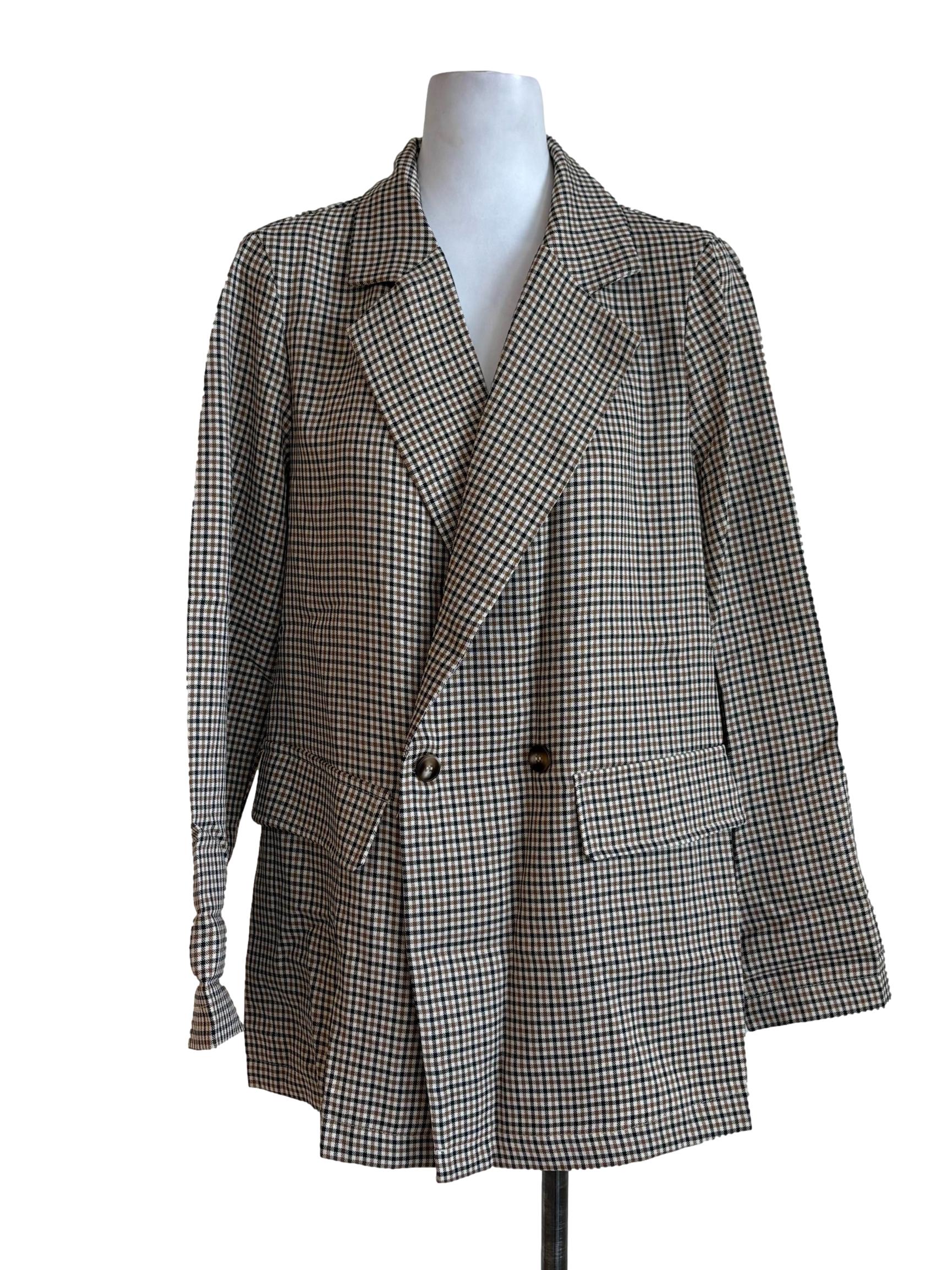 Brown Plaid Double Breasted Cutaway Blazer