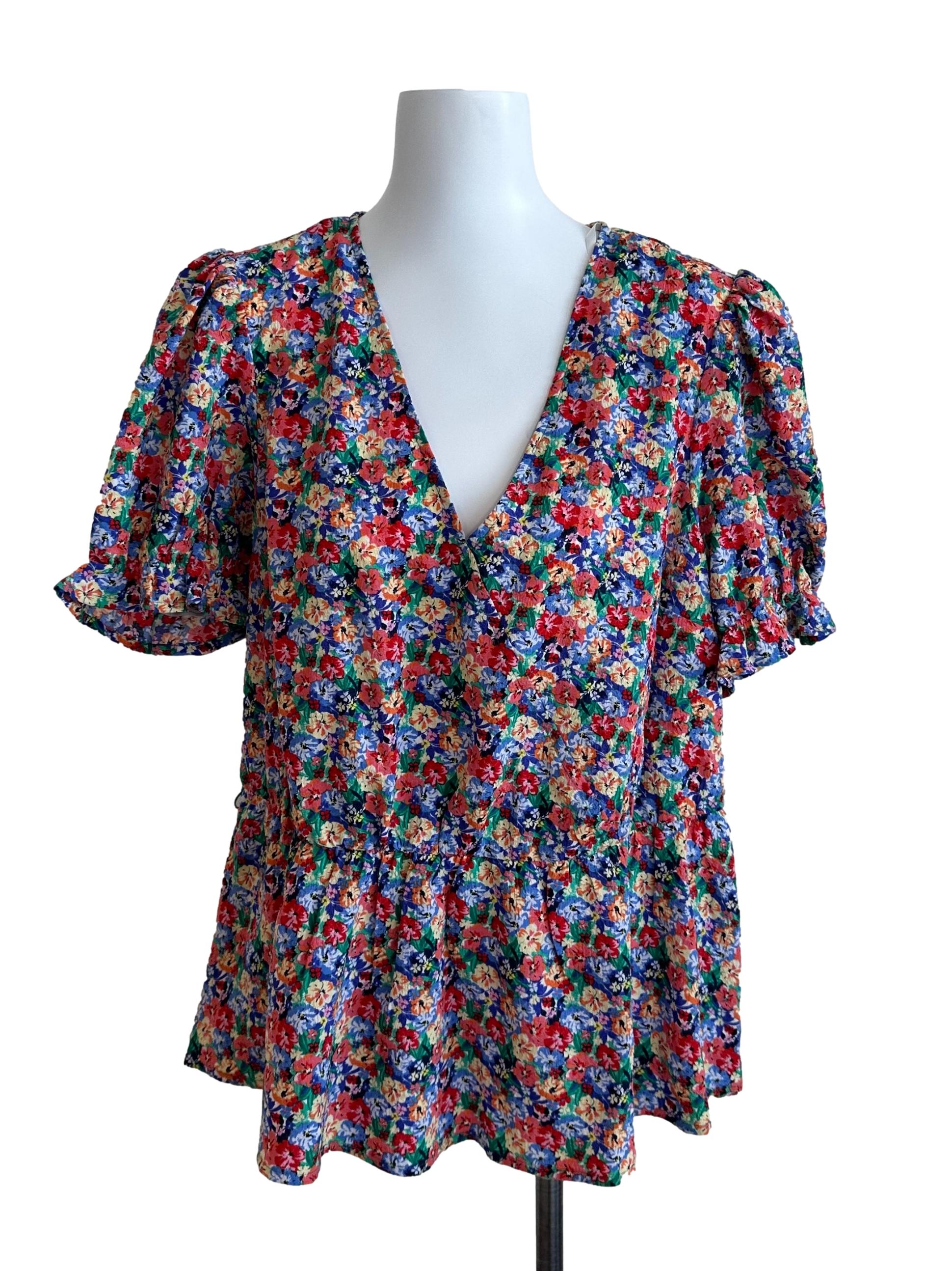 Multicolour Floral Pattern V Neck Top